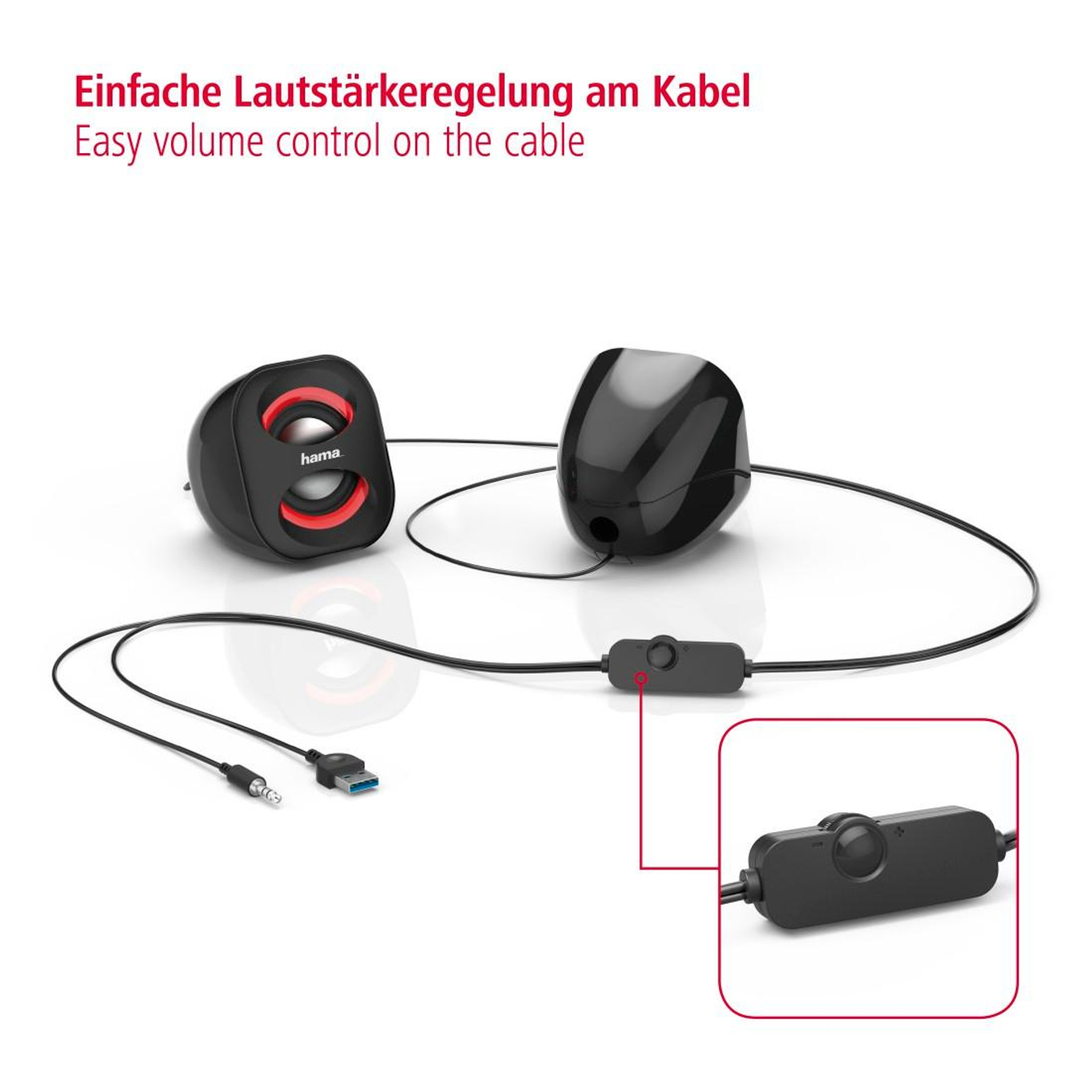 Para czarno-czerwonych głośników komputerowych Hama z modułem regulacji głośności na kablu, na białym tle.