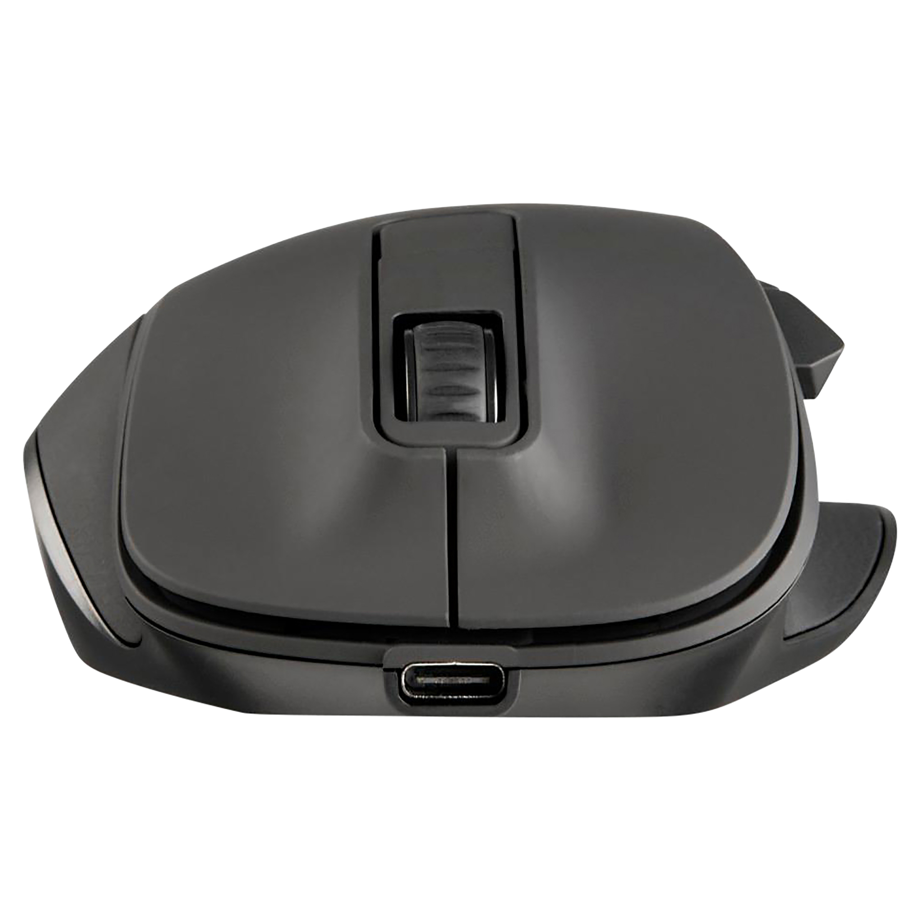 Un mouse per computer wireless nero con rotellina di scorrimento e porta USB-C.