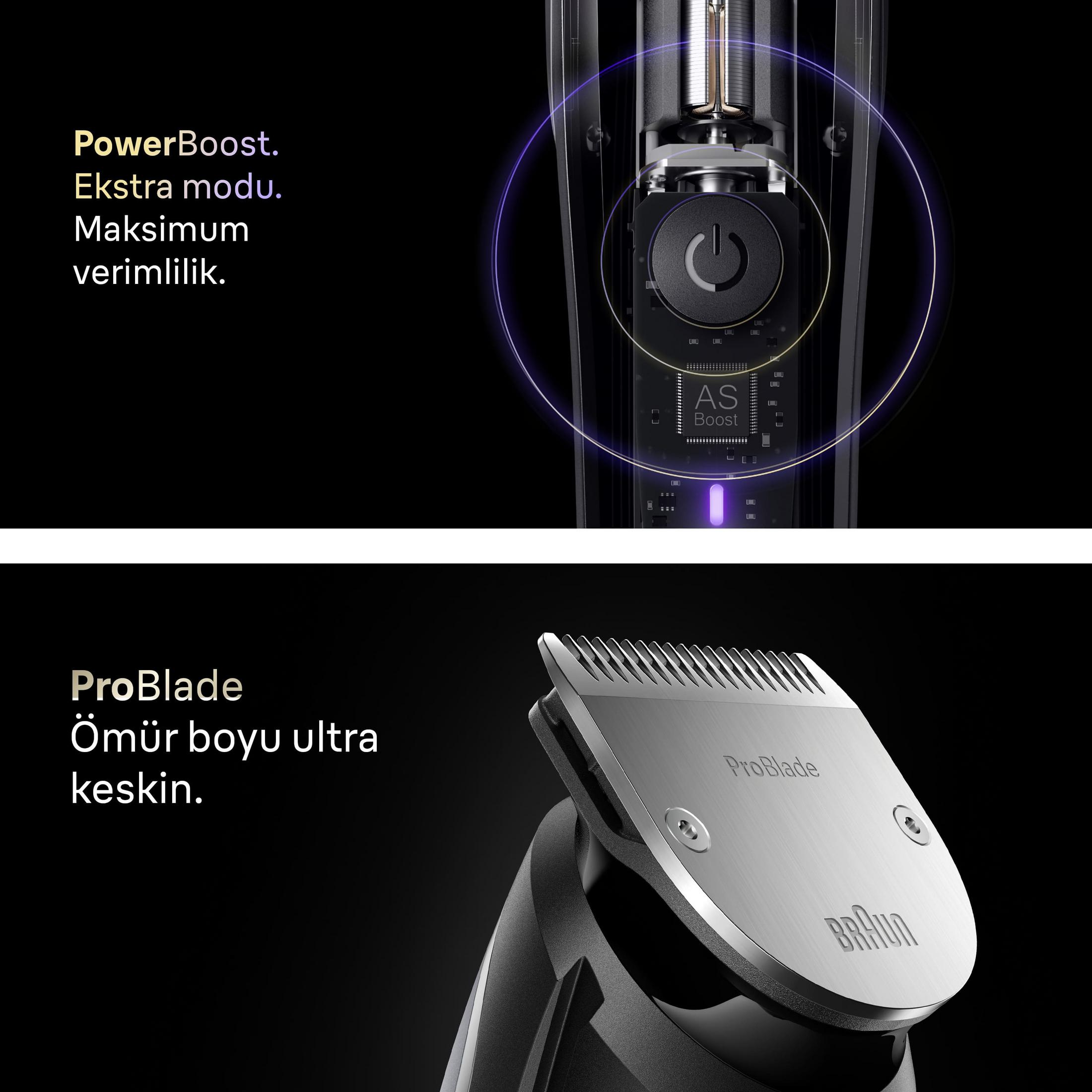 Primo piano di un rifinitore con testo "PowerBoost" e "ProBlade".