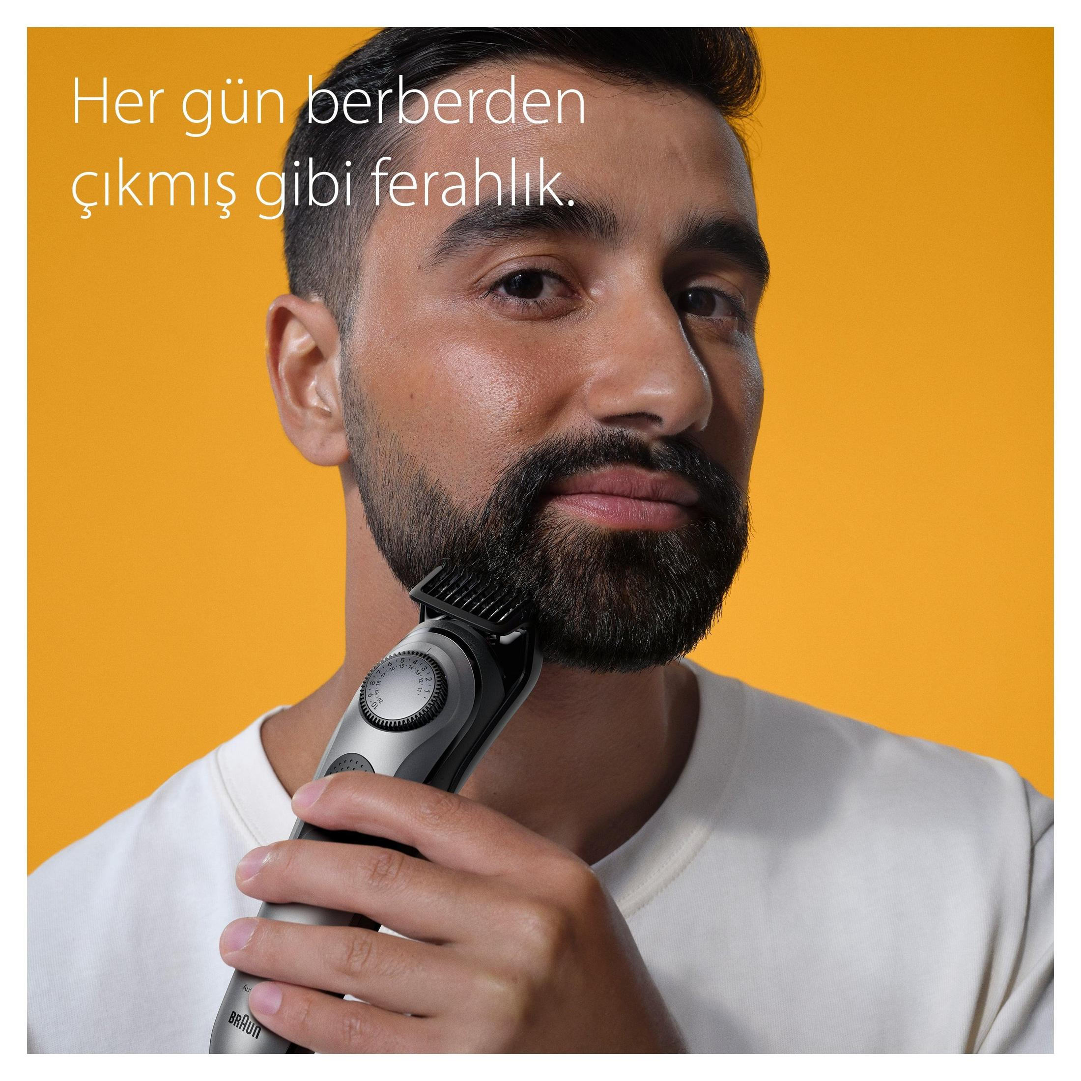 Mężczyzna przycina brodę trymerem na żółtym tle.