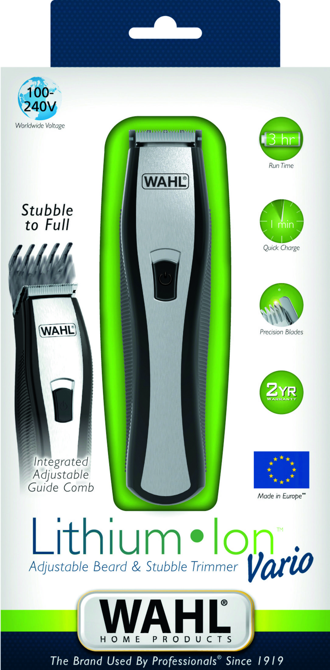 Tagliacapelli Wahl Lithium-Ion Vario per barba e baffi con accessori e specifiche.