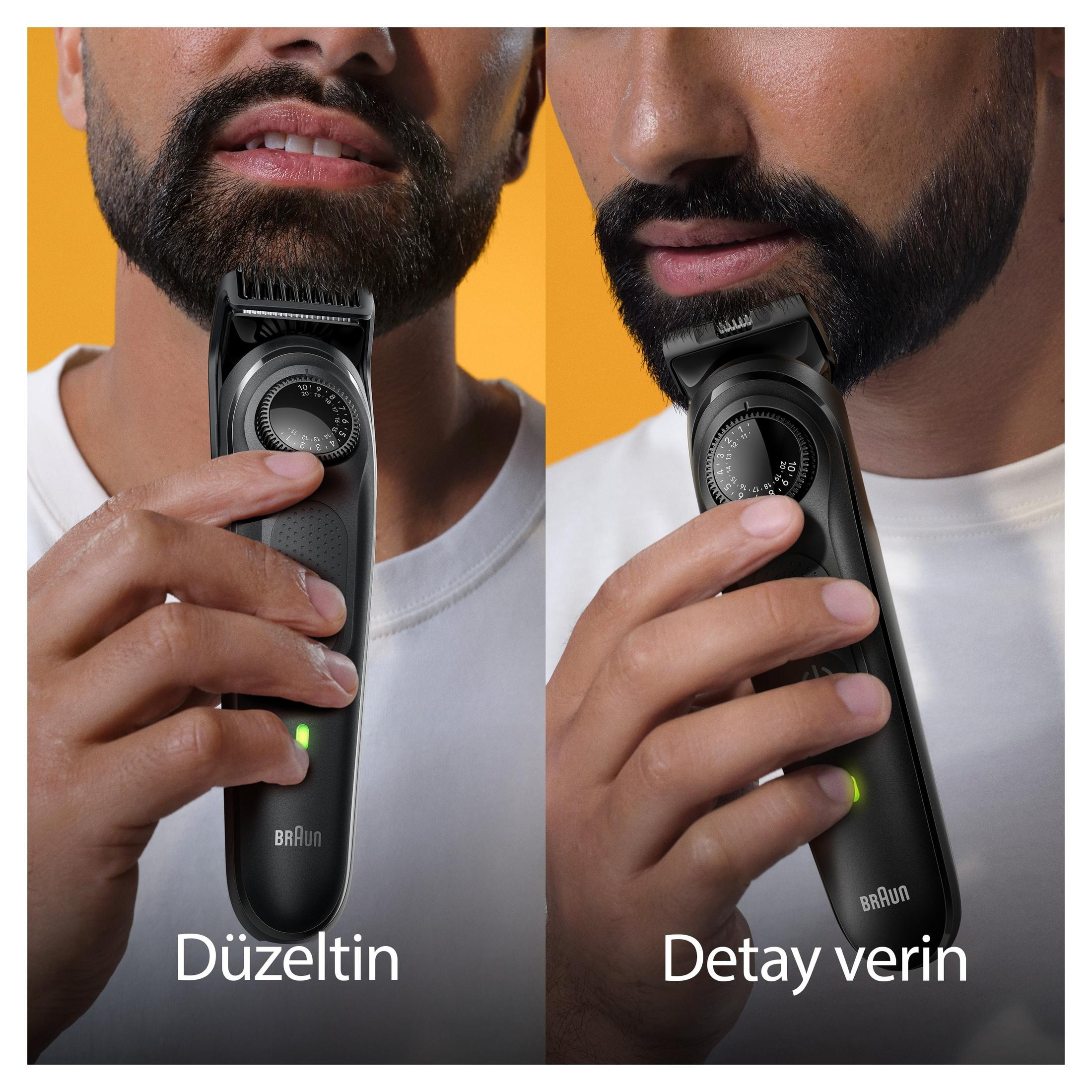 Primo piano di un uomo che tiene un rifinitore per barba nero. Sfondi giallo e grigio.