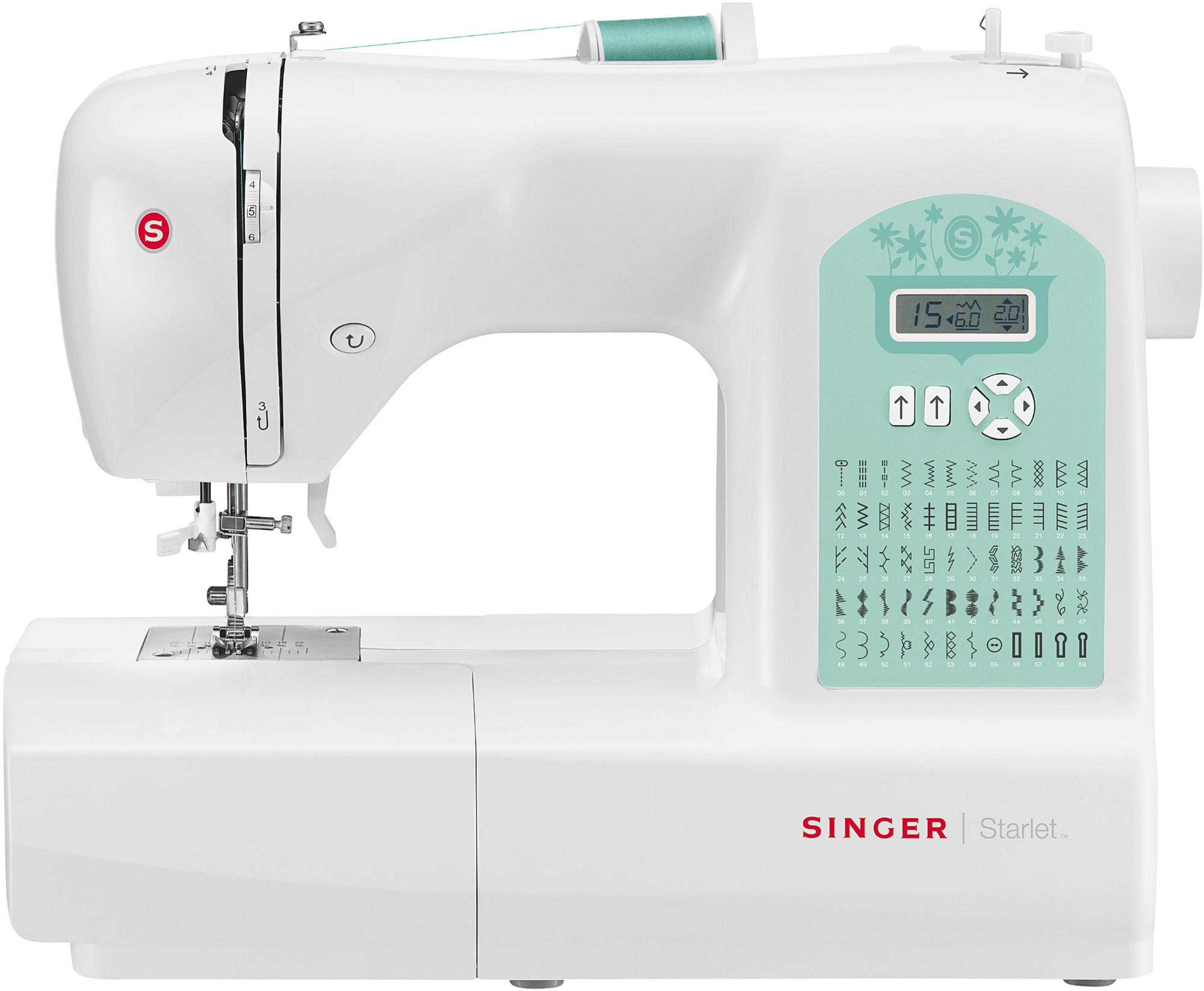 Máquina de coser Singer blanca con pantalla verde menta y selección de puntadas.