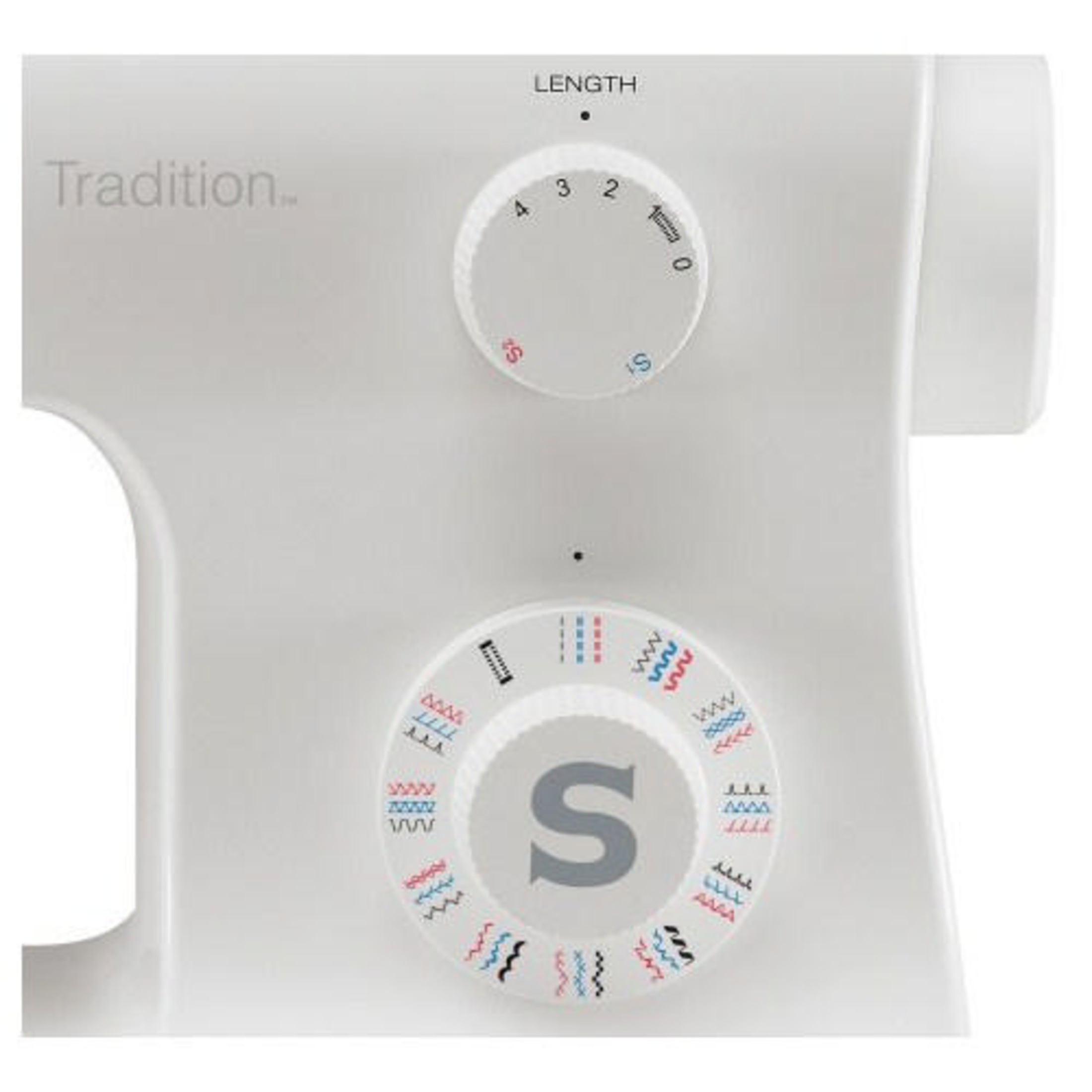 Panel sterowania maszyny do szycia z dwoma pokrętłami i wzorami ściegów.