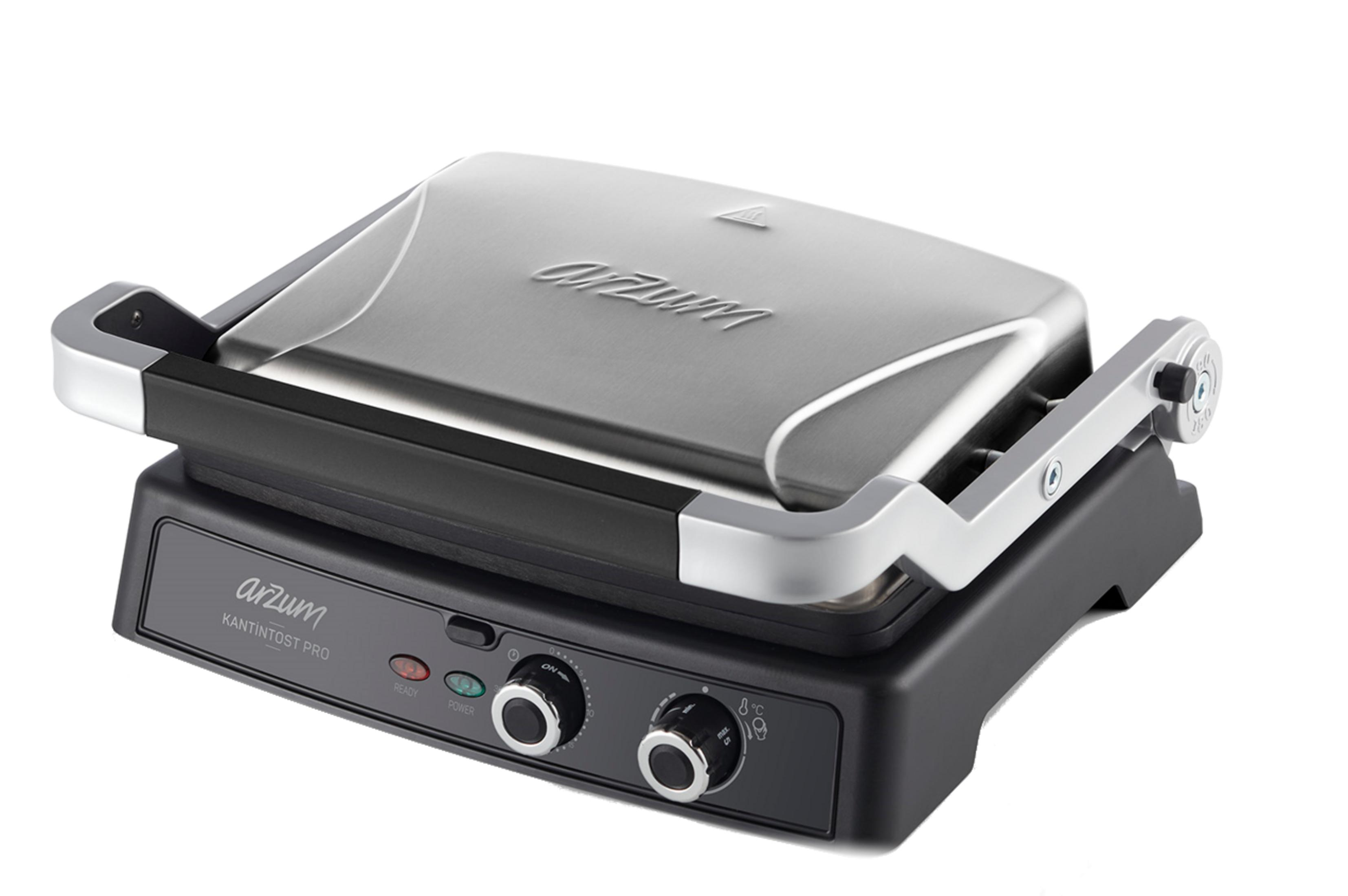 Ein geschlossener silberner Kontaktgrill mit schwarzen und silbernen Akzenten auf weißem Hintergrund.