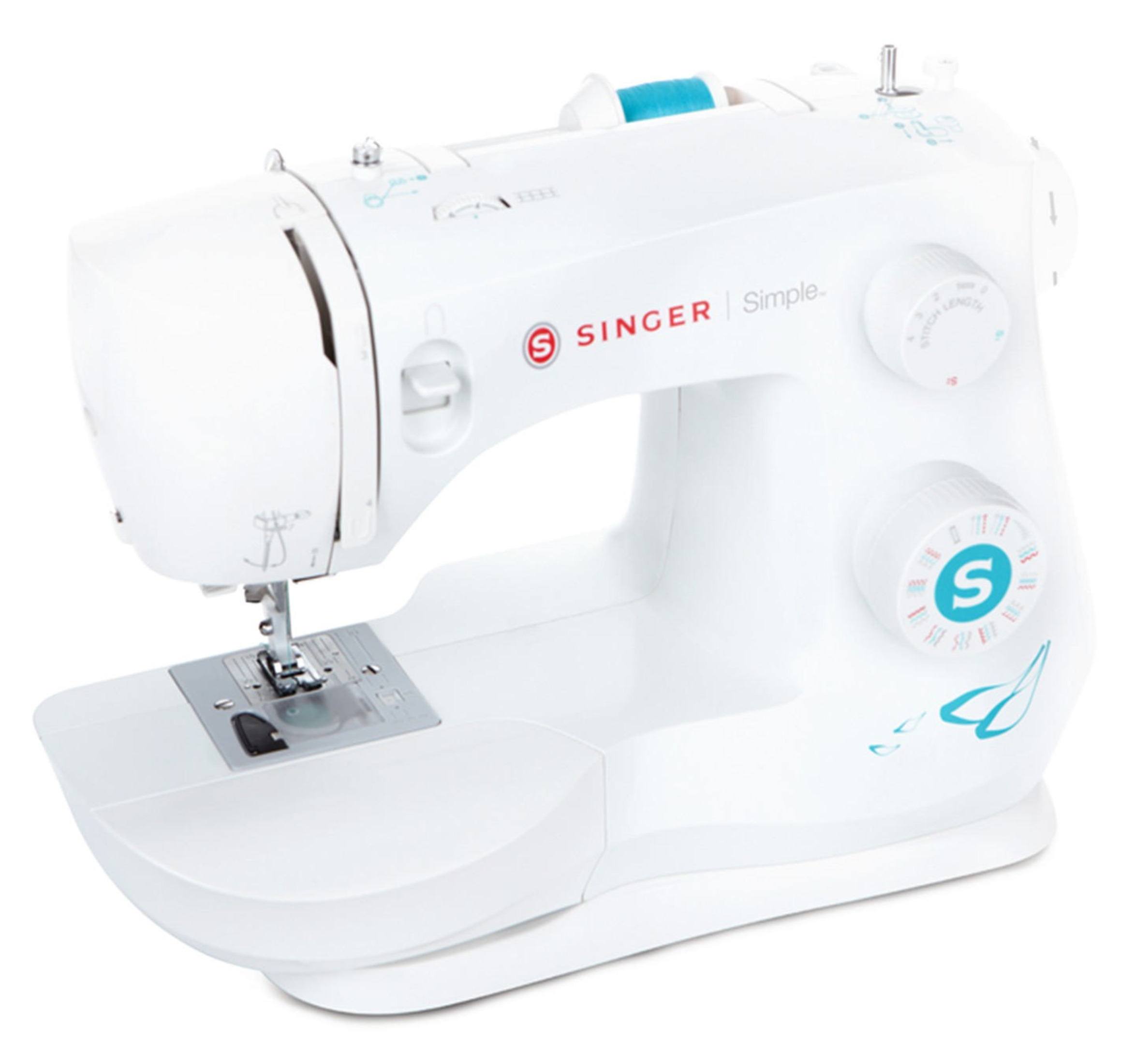 Biała maszyna do szycia Singer z niebieską nicią i pokrętłami.