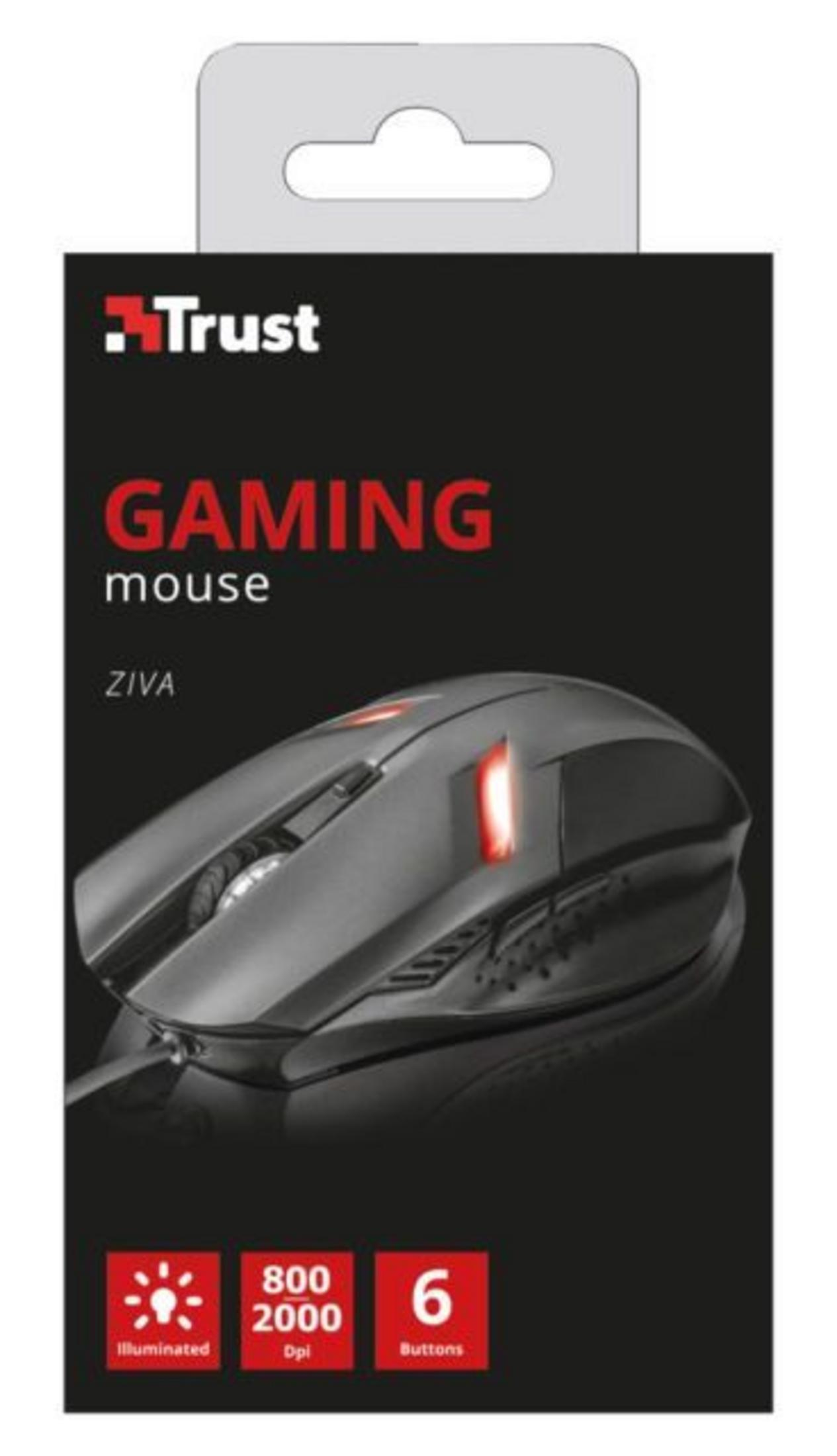 Mouse gaming Trust Ziva nero con illuminazione rossa e 800/2000 DPI.