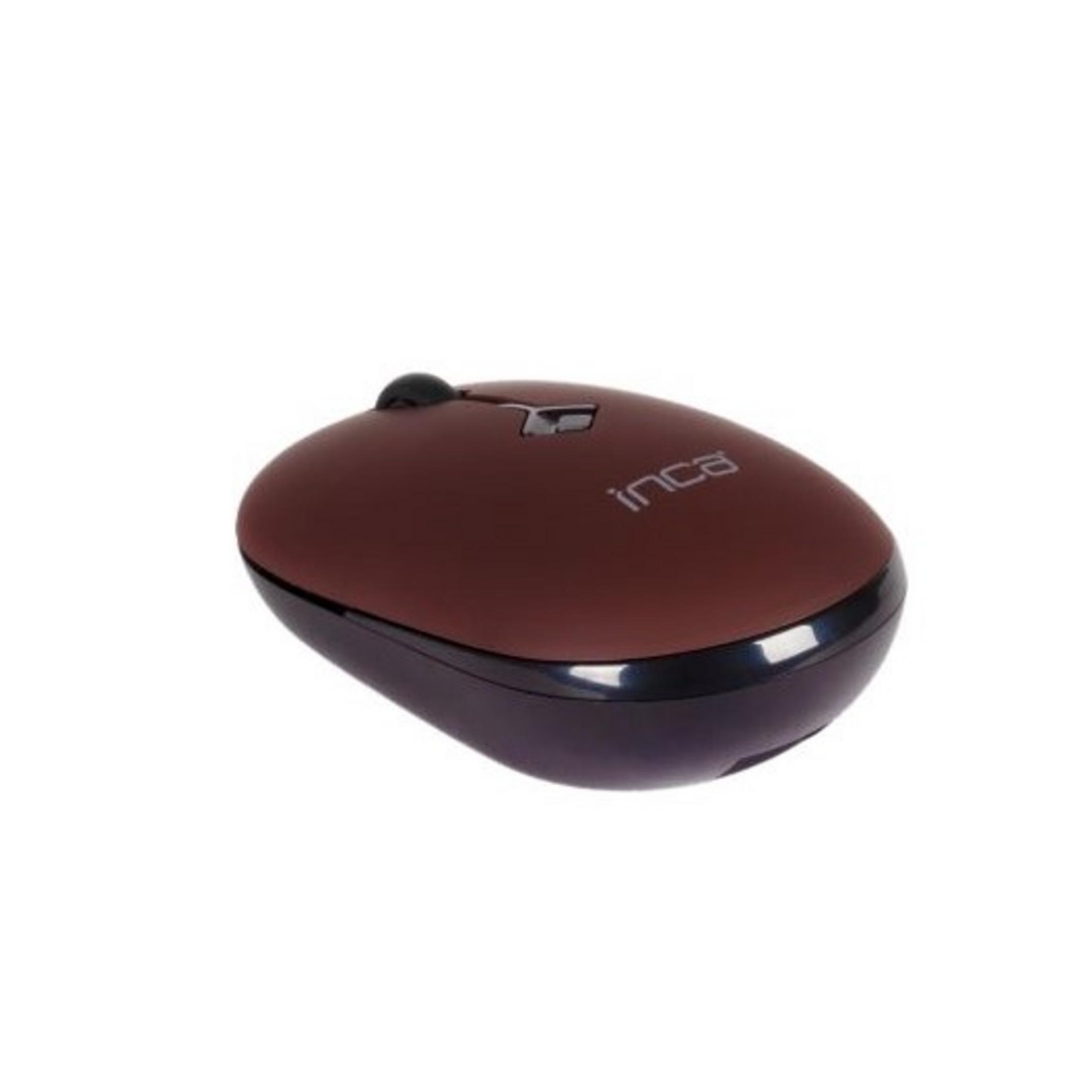 Brązowa bezprzewodowa mysz komputerowa z czarną podstawą i kółkiem.