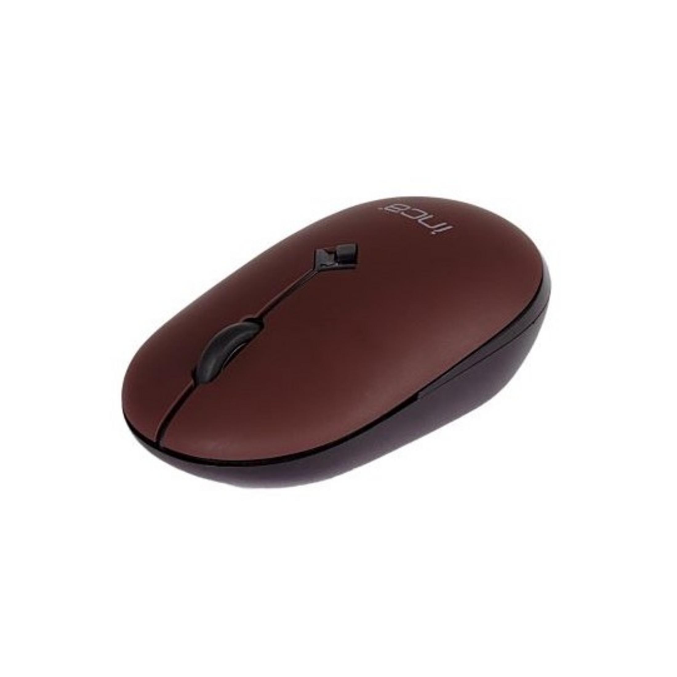 Brązowa bezprzewodowa mysz komputerowa z czarnym kółkiem przewijania na białym tle.