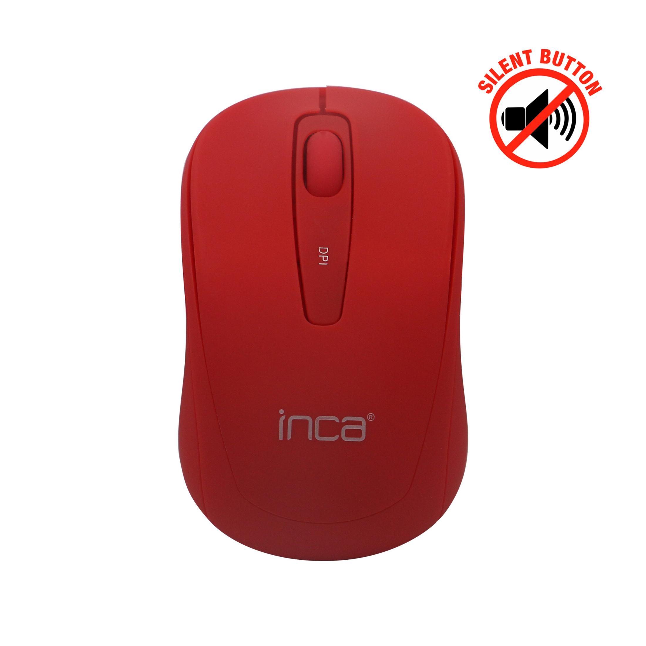 Czerwona myszka komputerowa z widoczną marką 'inca'. W prawym górnym rogu znajduje się ikona 'Silent Button'.