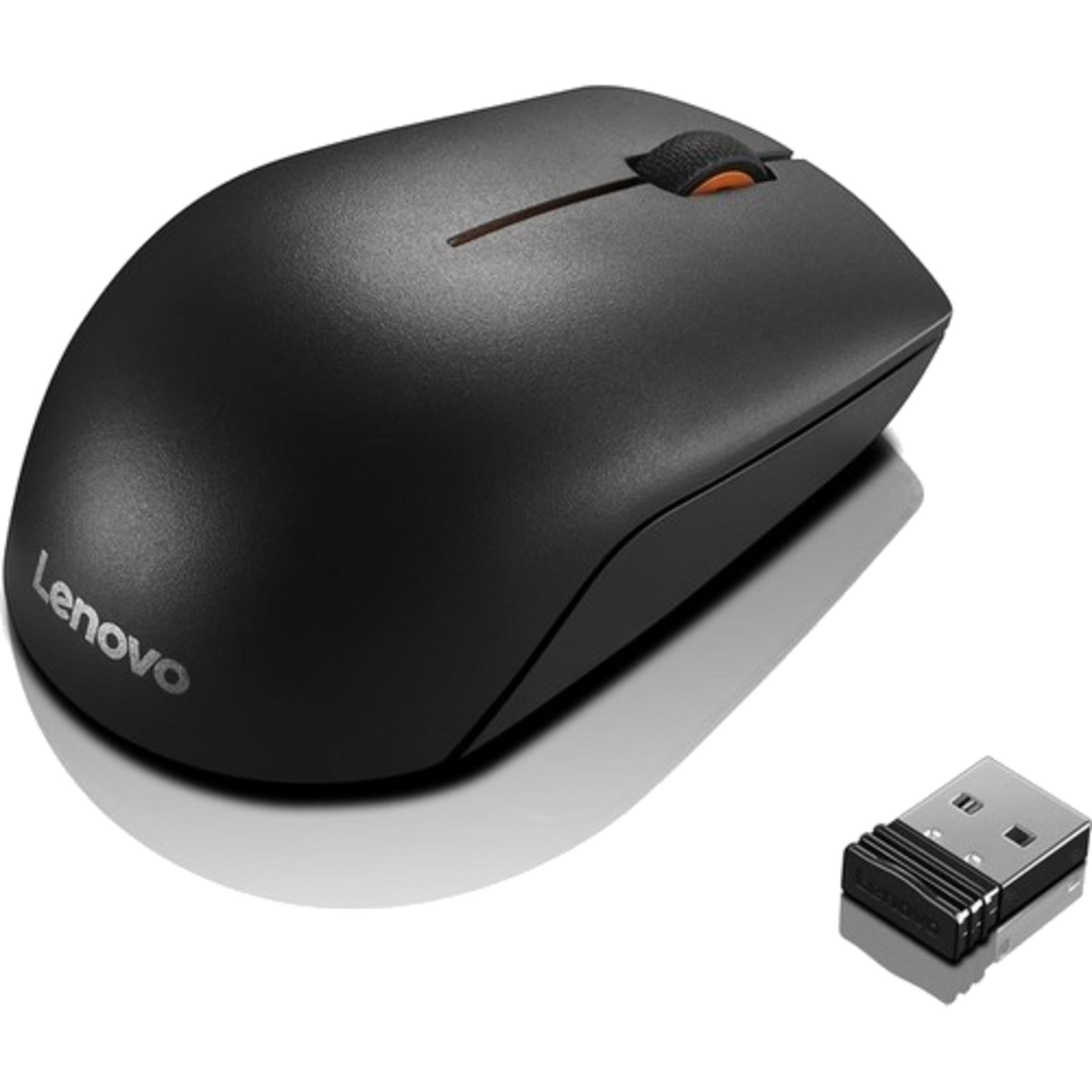 Czarna mysz Lenovo z pomarańczowym kółkiem i odbiornikiem USB.