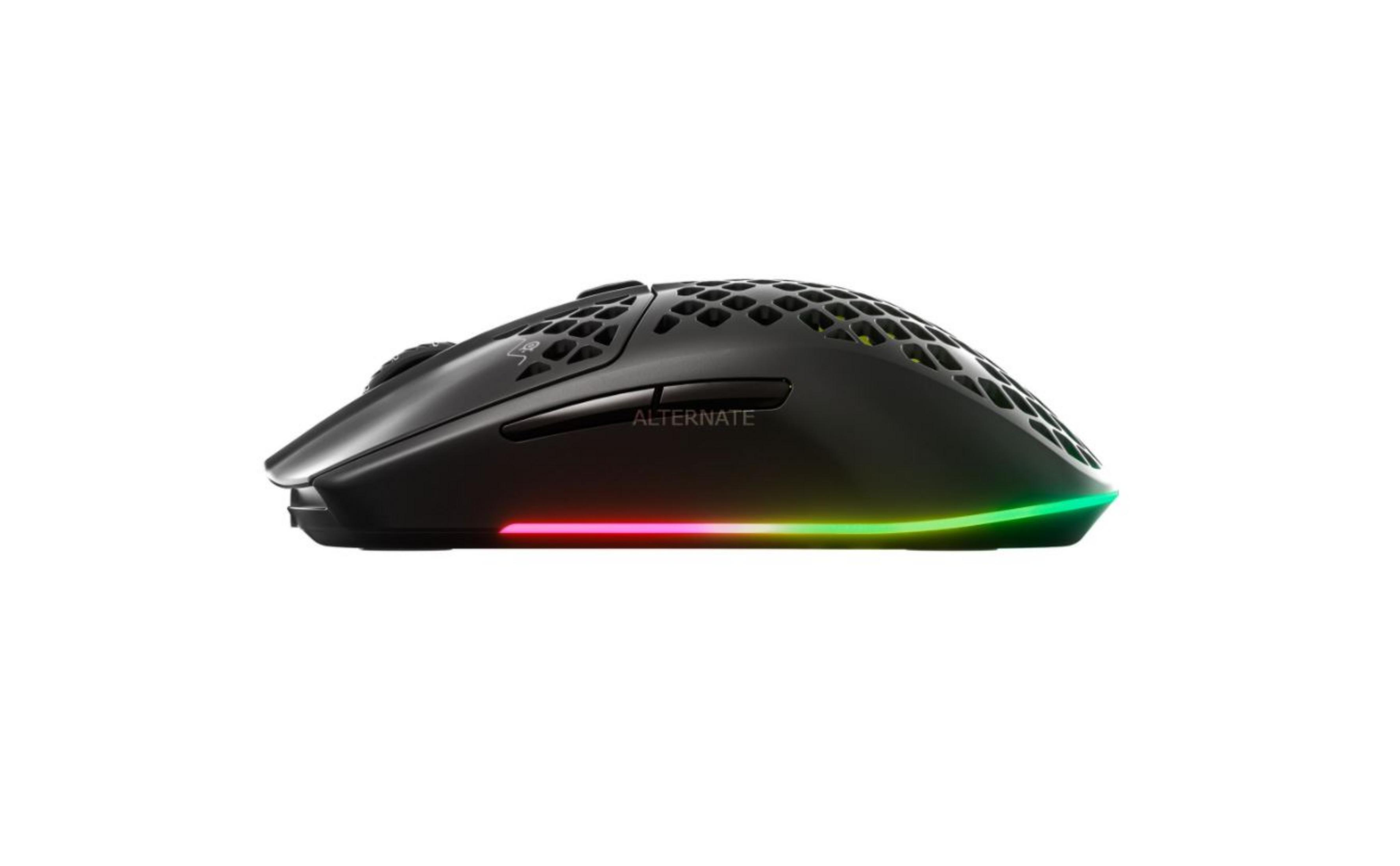 Bal peteği desenli ve RGB aydınlatmalı siyah oyuncu faresi.