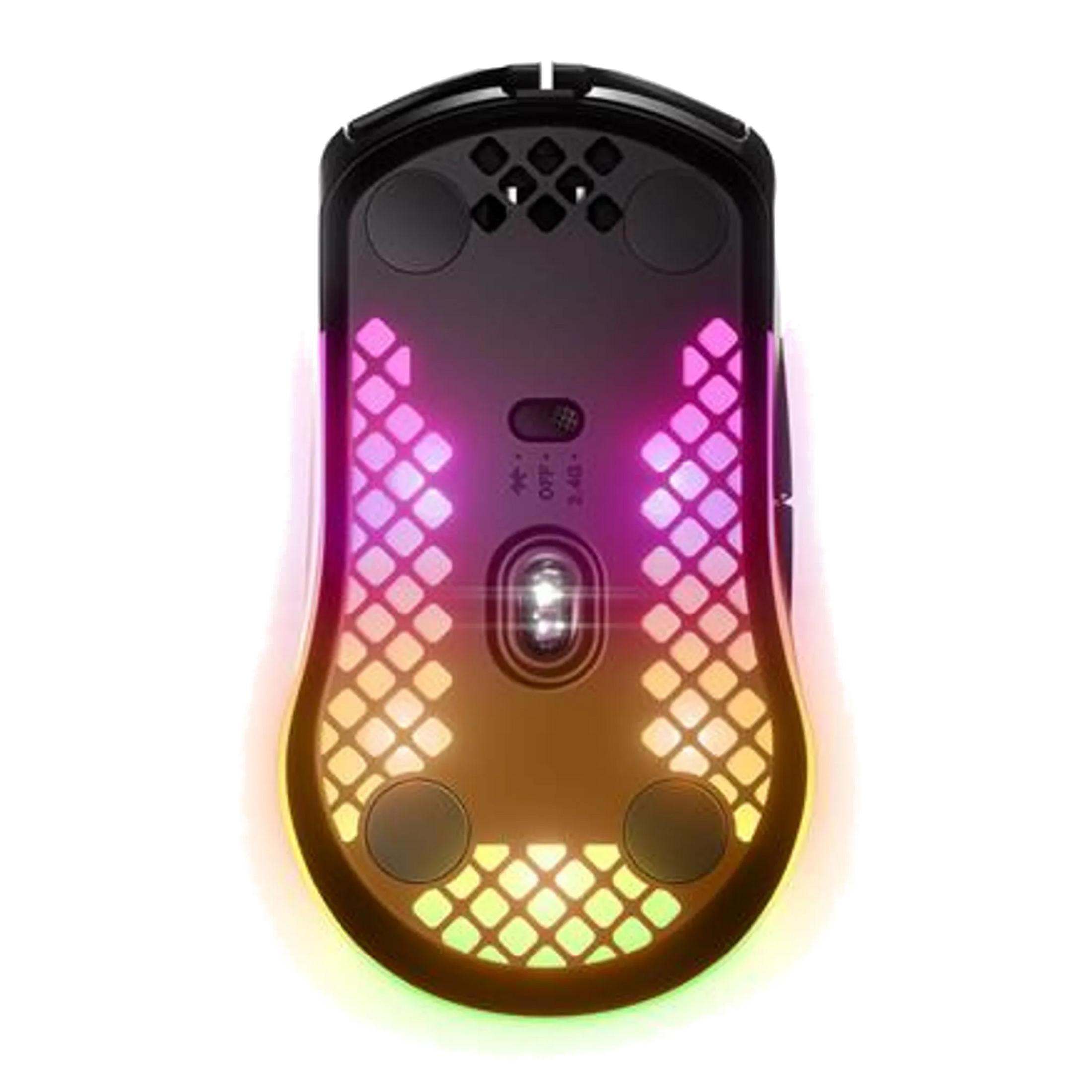 Pembe, mor ve sarı tonlarda RGB aydınlatmalı oyuncu faresi alt yüzeyi.