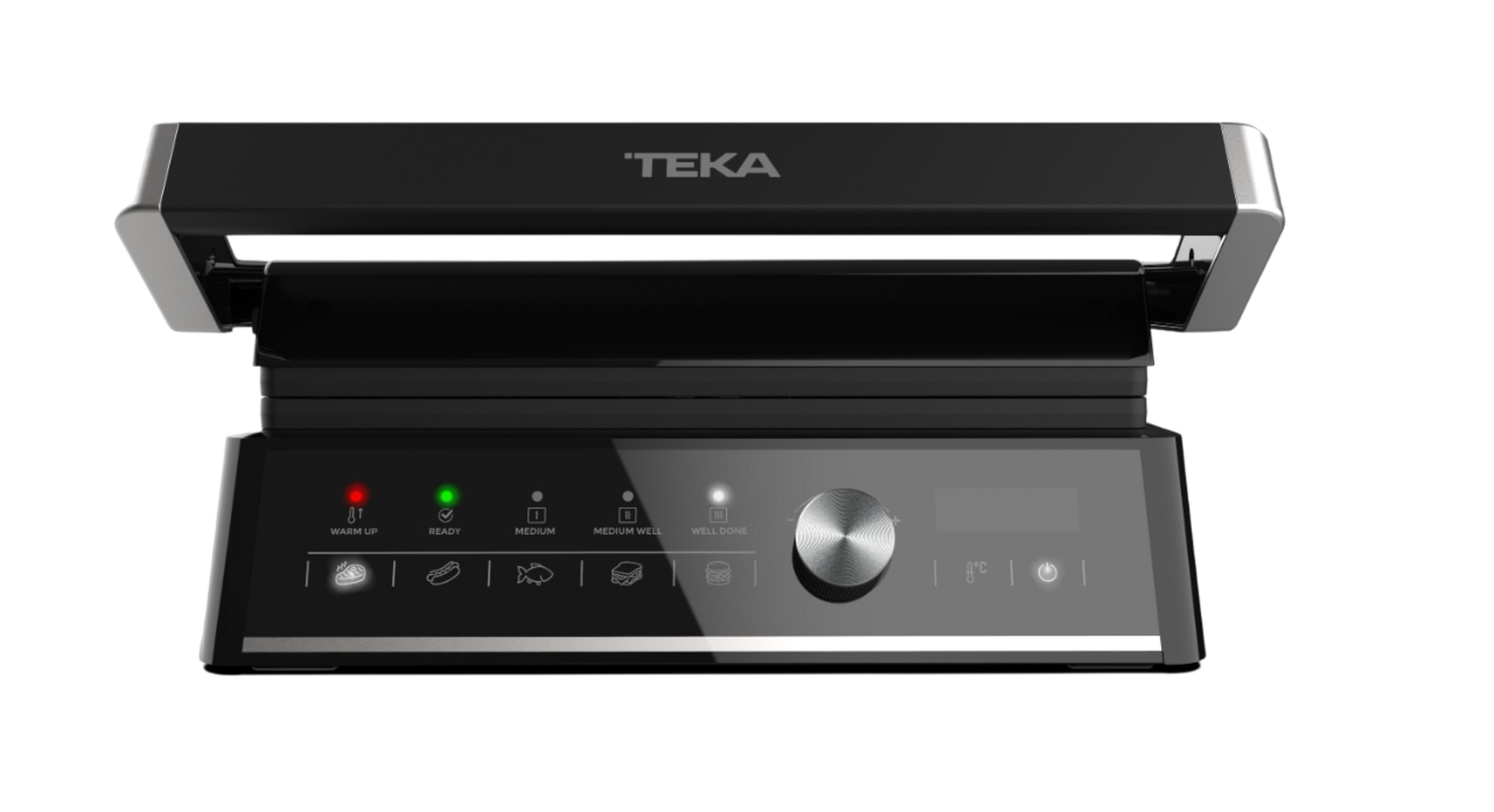 Parrilla eléctrica negra Teka con detalles plateados y pantalla digital.