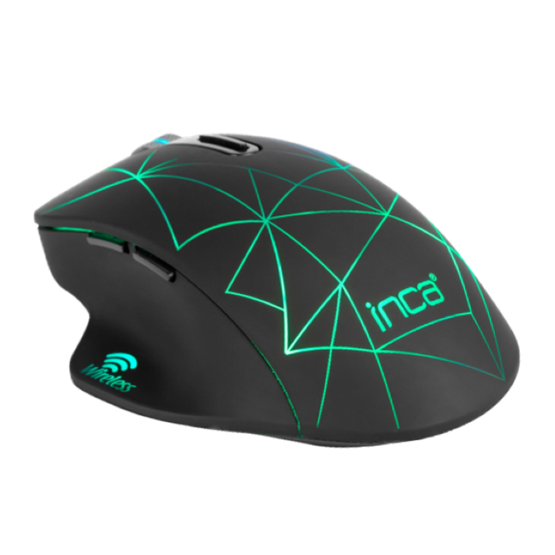 Czarna mysz bezprzewodowa z zielonymi liniami geometrycznymi i niebieskimi akcentami.
