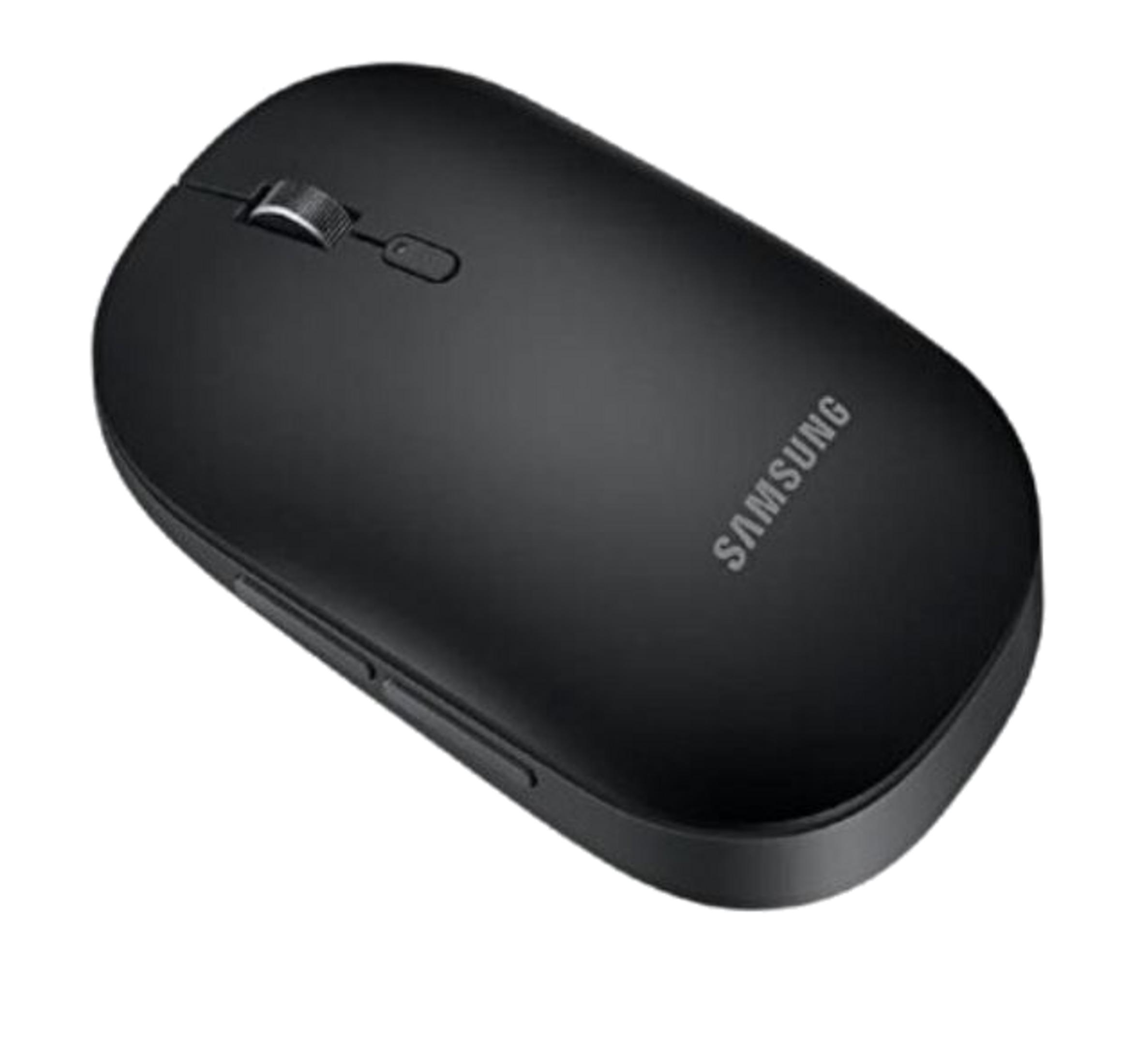 Czarna mysz Samsung z kółkiem i dwoma przyciskami, na białym tle.