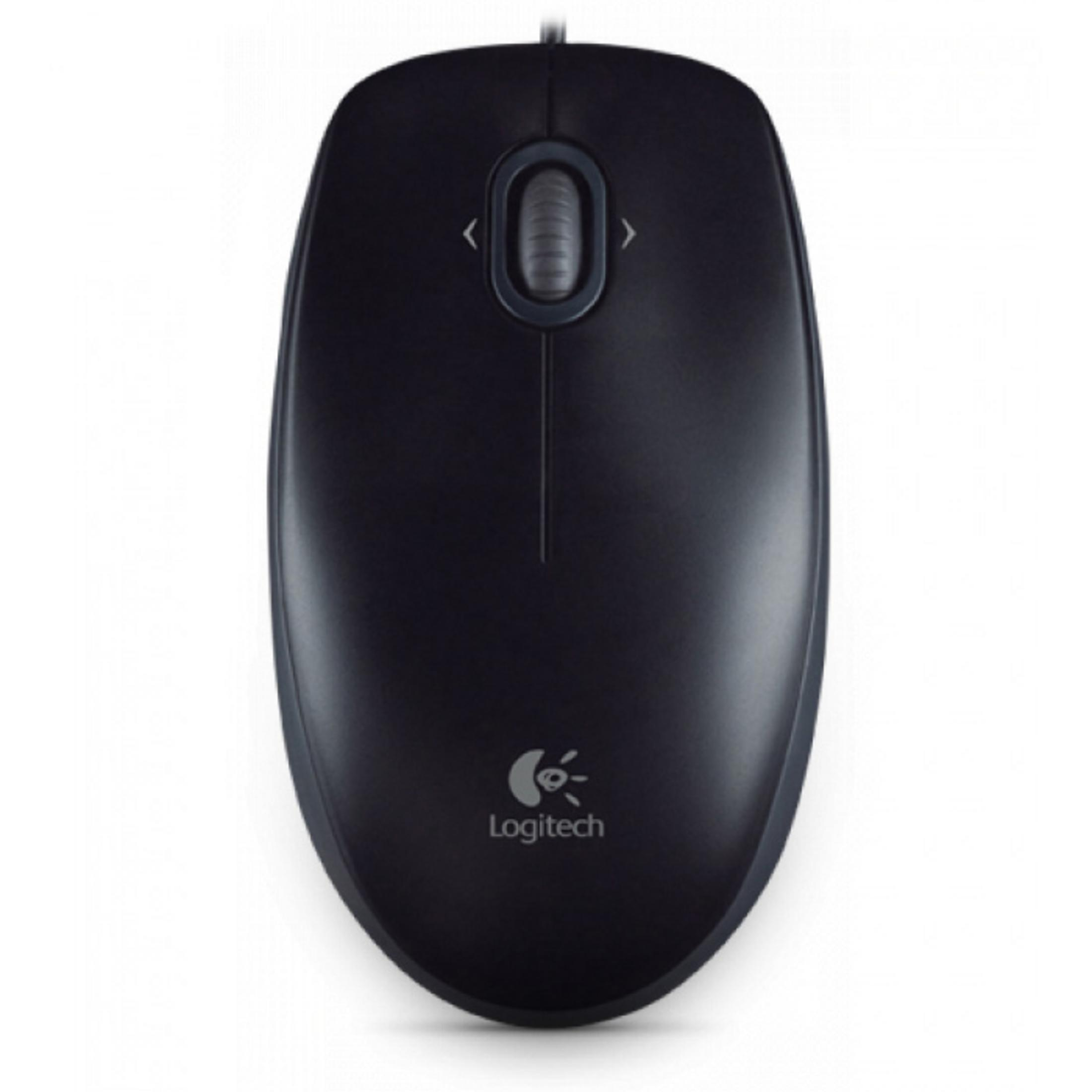 Un mouse Logitech nero con rotella di scorrimento e logo.