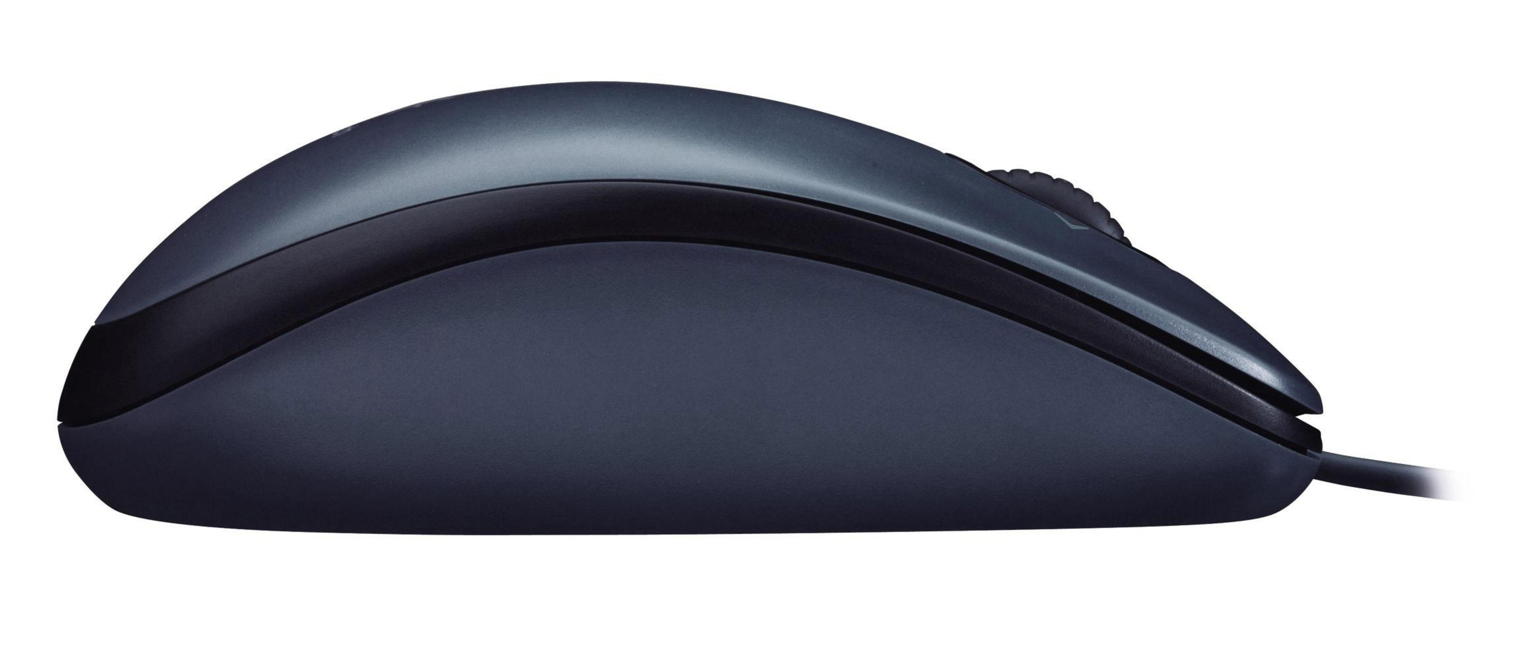 Mouse per computer grigio scuro con rotellina e cavo, su sfondo bianco.