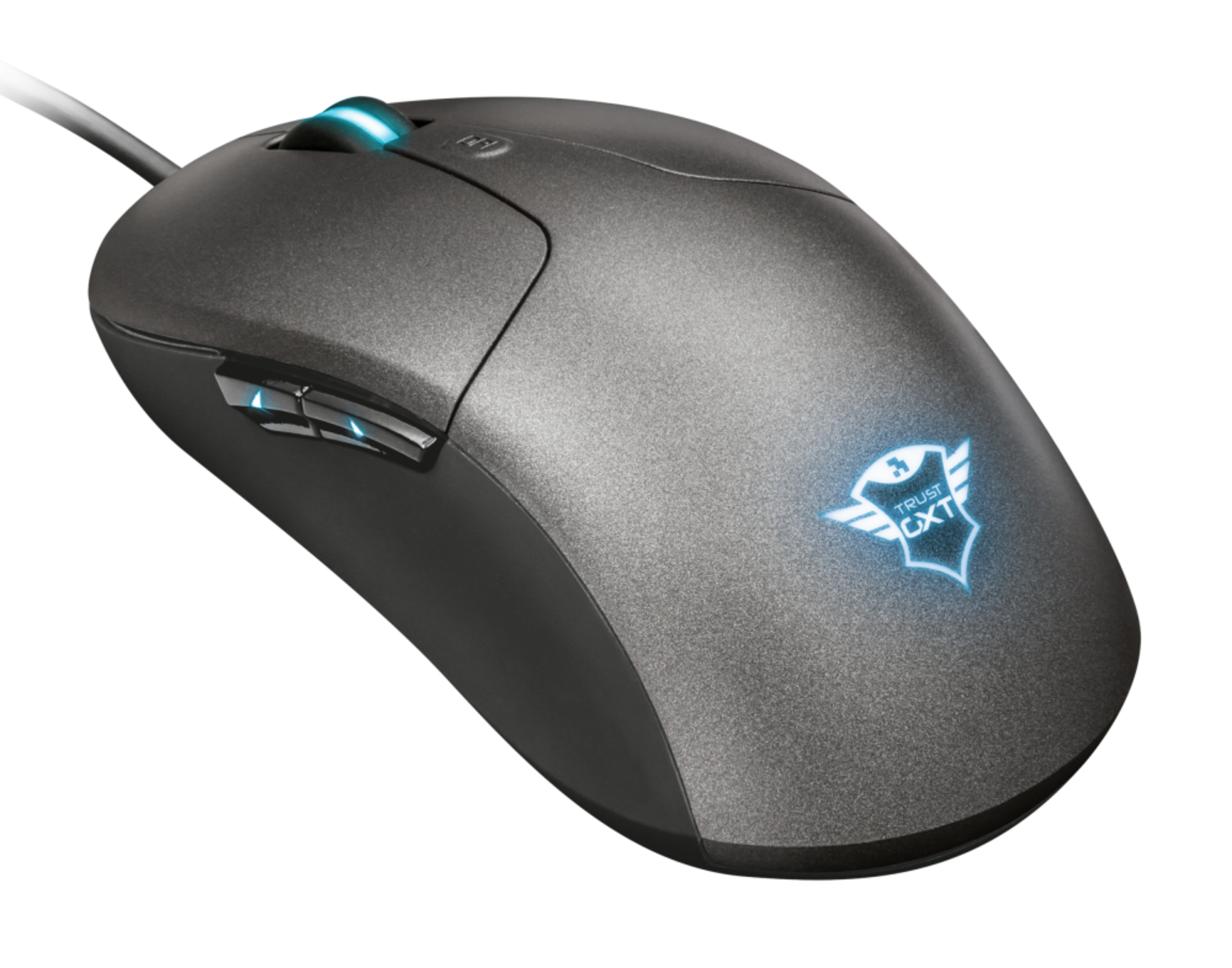 Un mouse da gaming grigio con luci blu e logo su sfondo bianco.