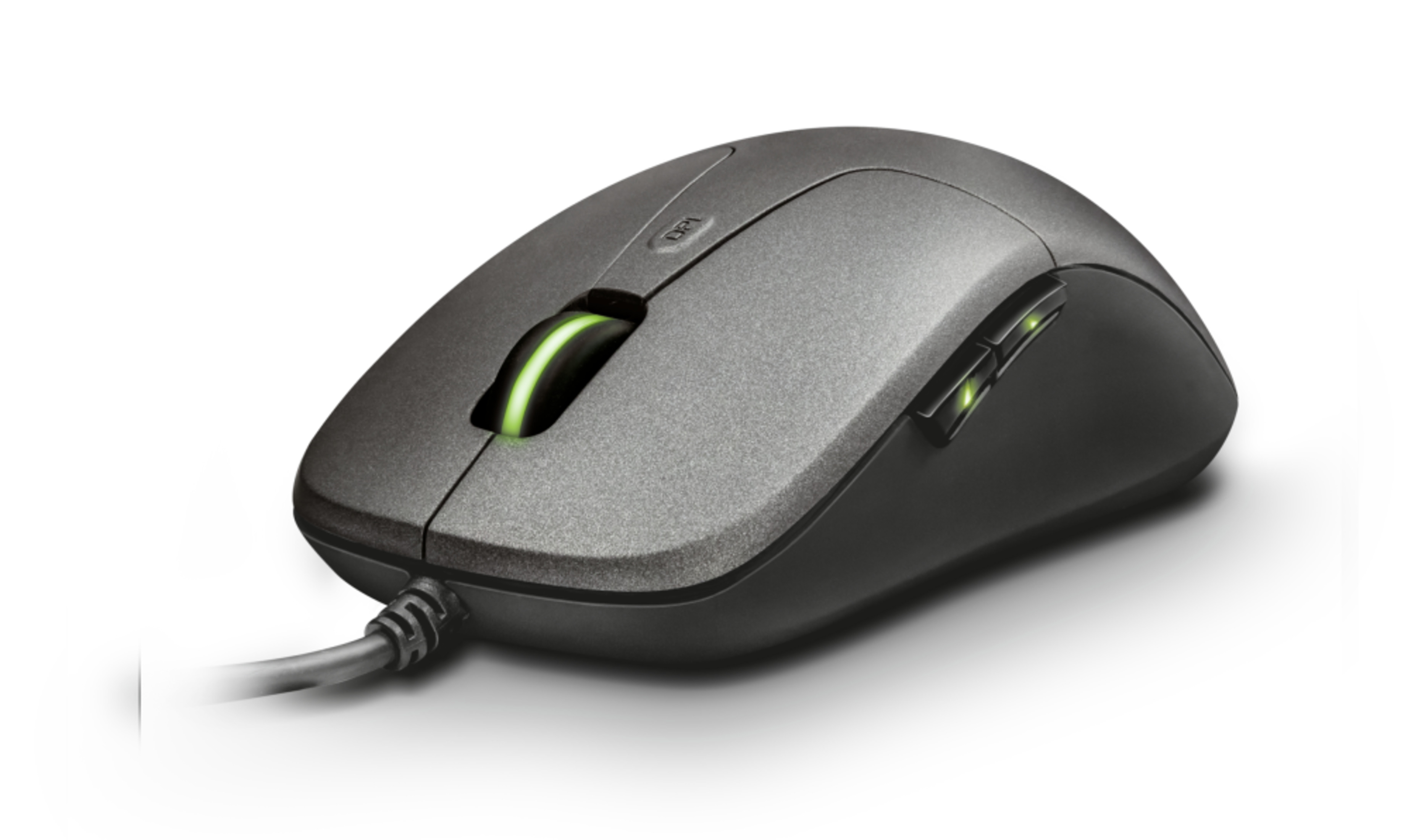 Mouse del computer grigio con rotellina e pulsanti illuminati.