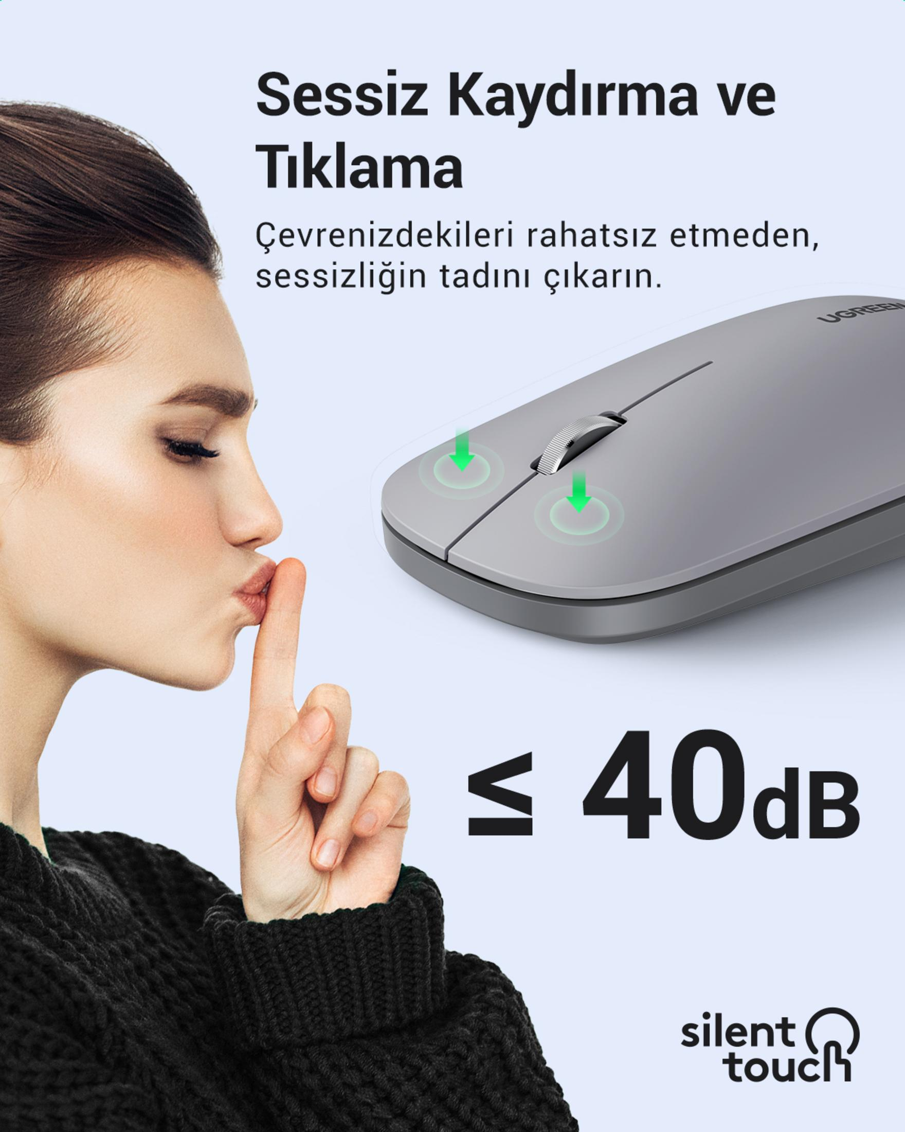 Eine Frau legt einen Finger auf die Lippen, neben einer leisen Maus mit 40dB.