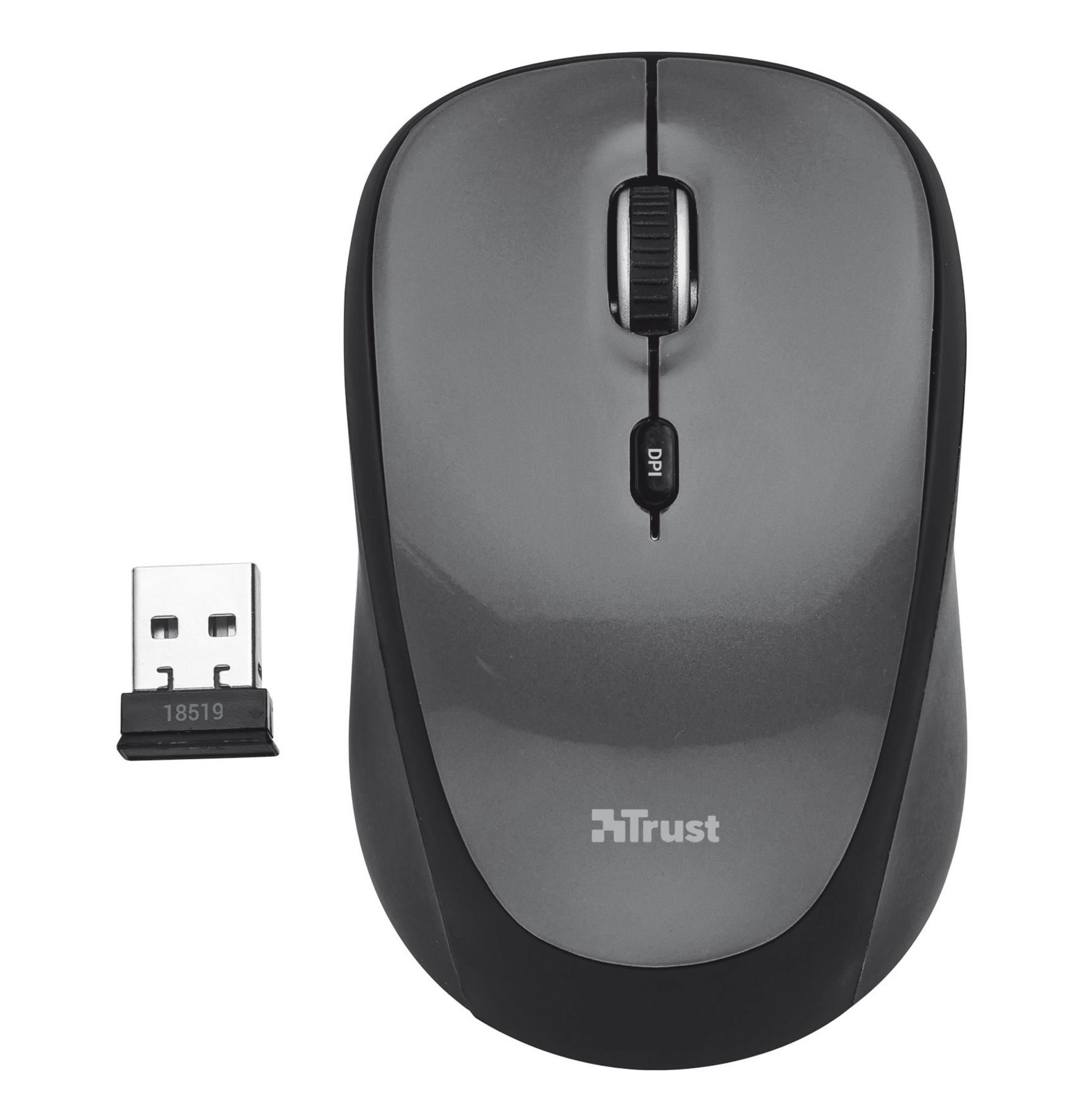 Mouse grigio con rotellina e dongle USB.