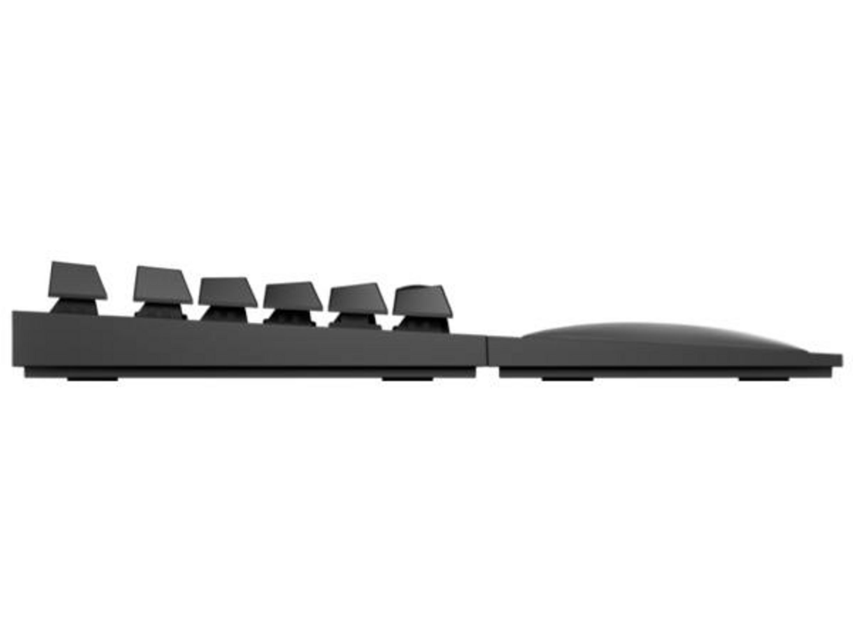 Een zwart toetsenbord van de zijkant gezien, met enkele toetsen.