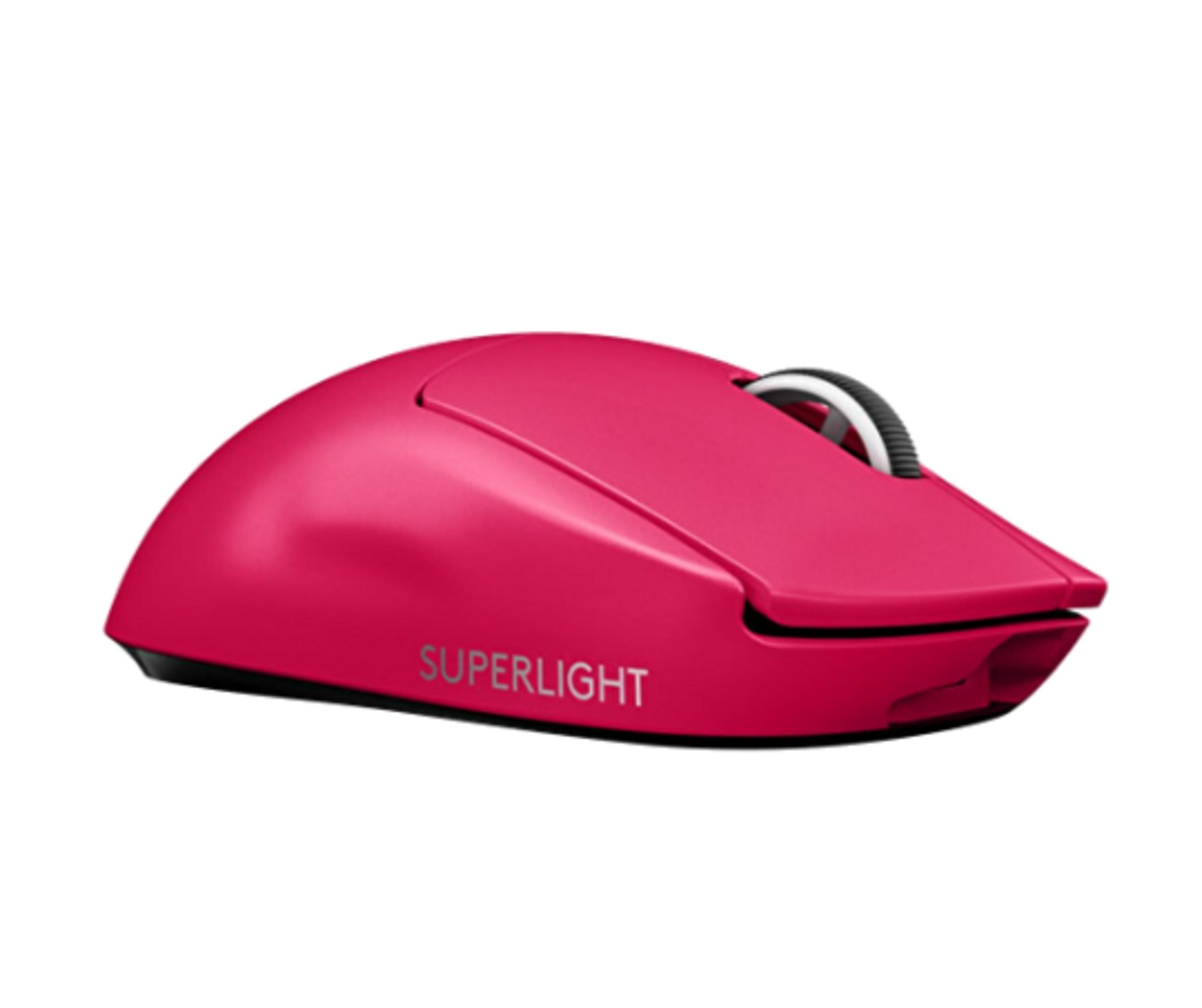 Różowa mysz gamingowa z srebrnym napisem "SUPERLIGHT".