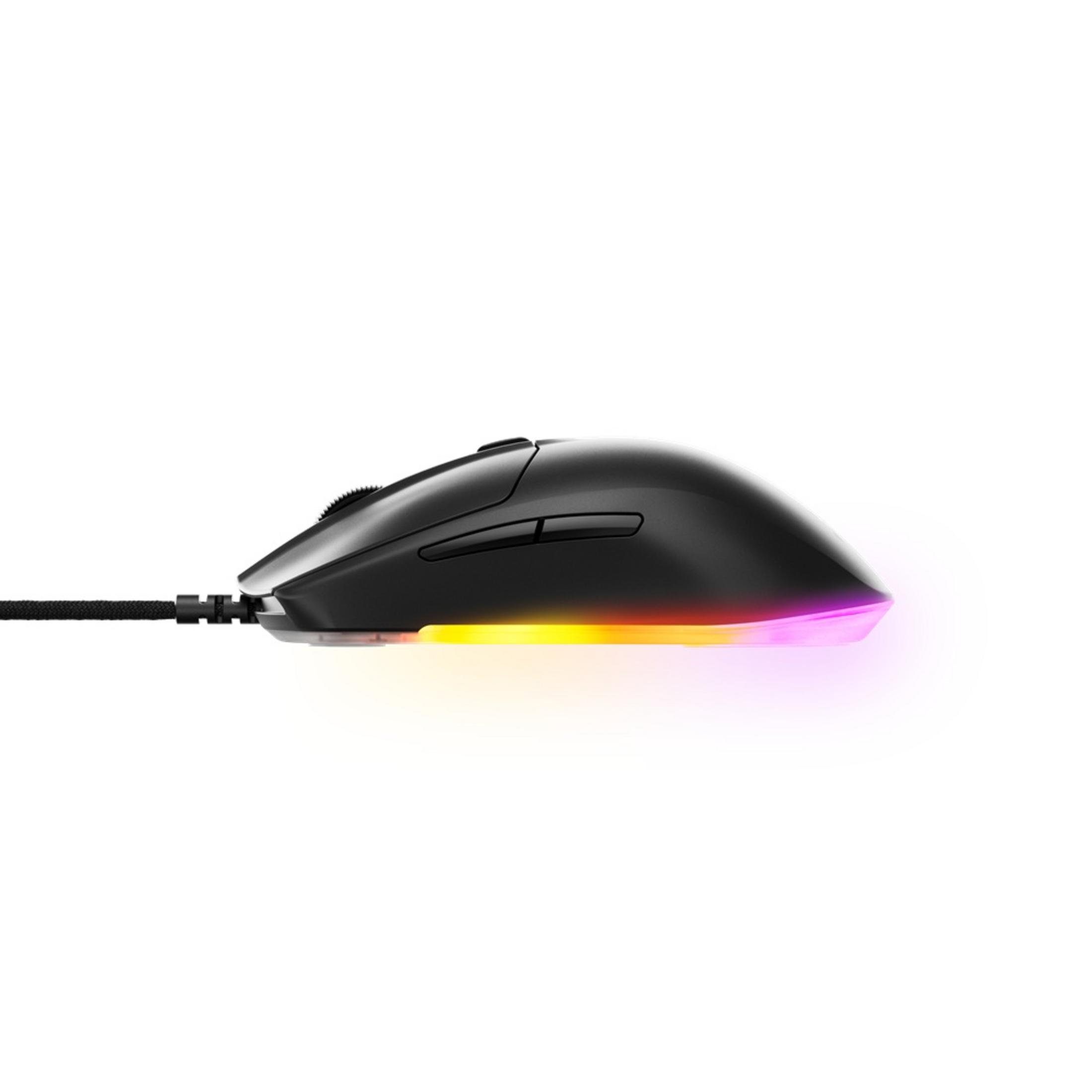 Mouse gaming nero con illuminazione RGB, vista laterale su sfondo bianco.