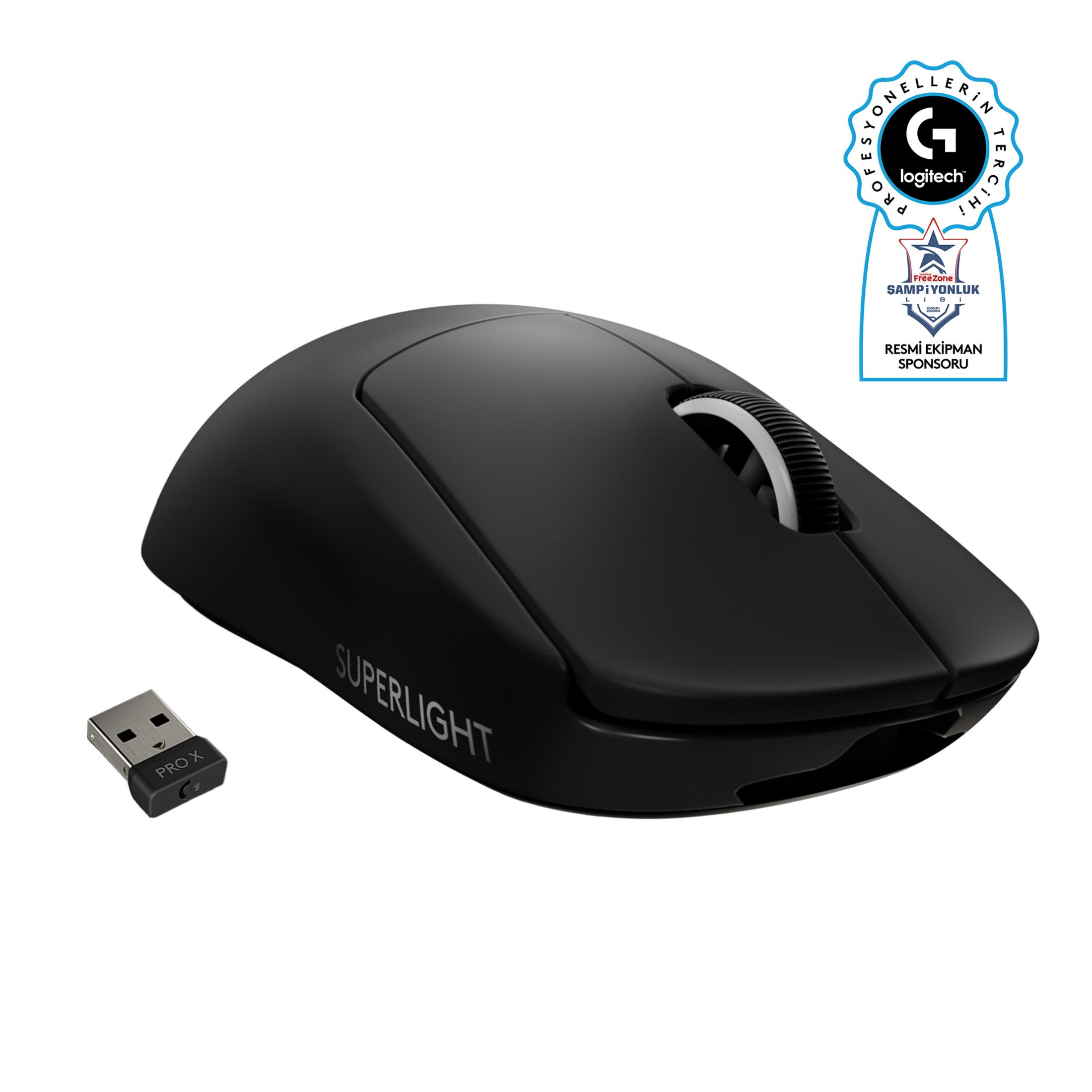 Czarna mysz Logitech Superlight z donglem USB i logo.