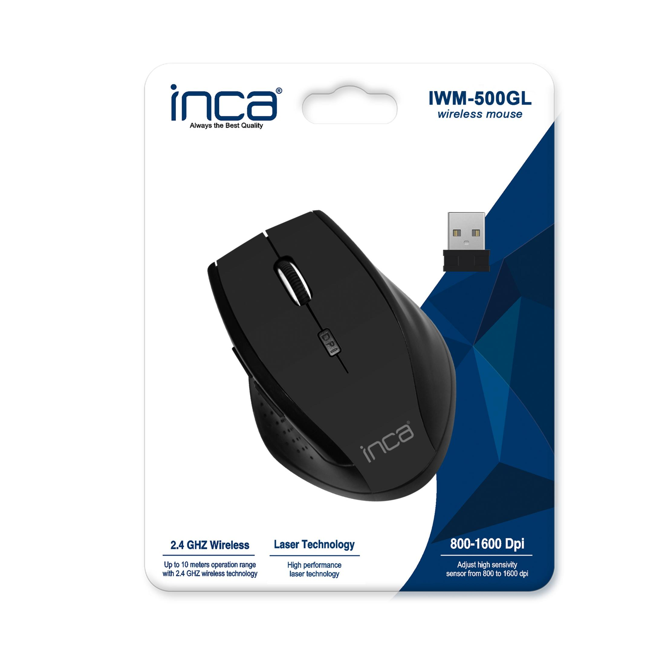 Schwarze kabellose Maus mit USB-Dongle auf der Verpackung.
