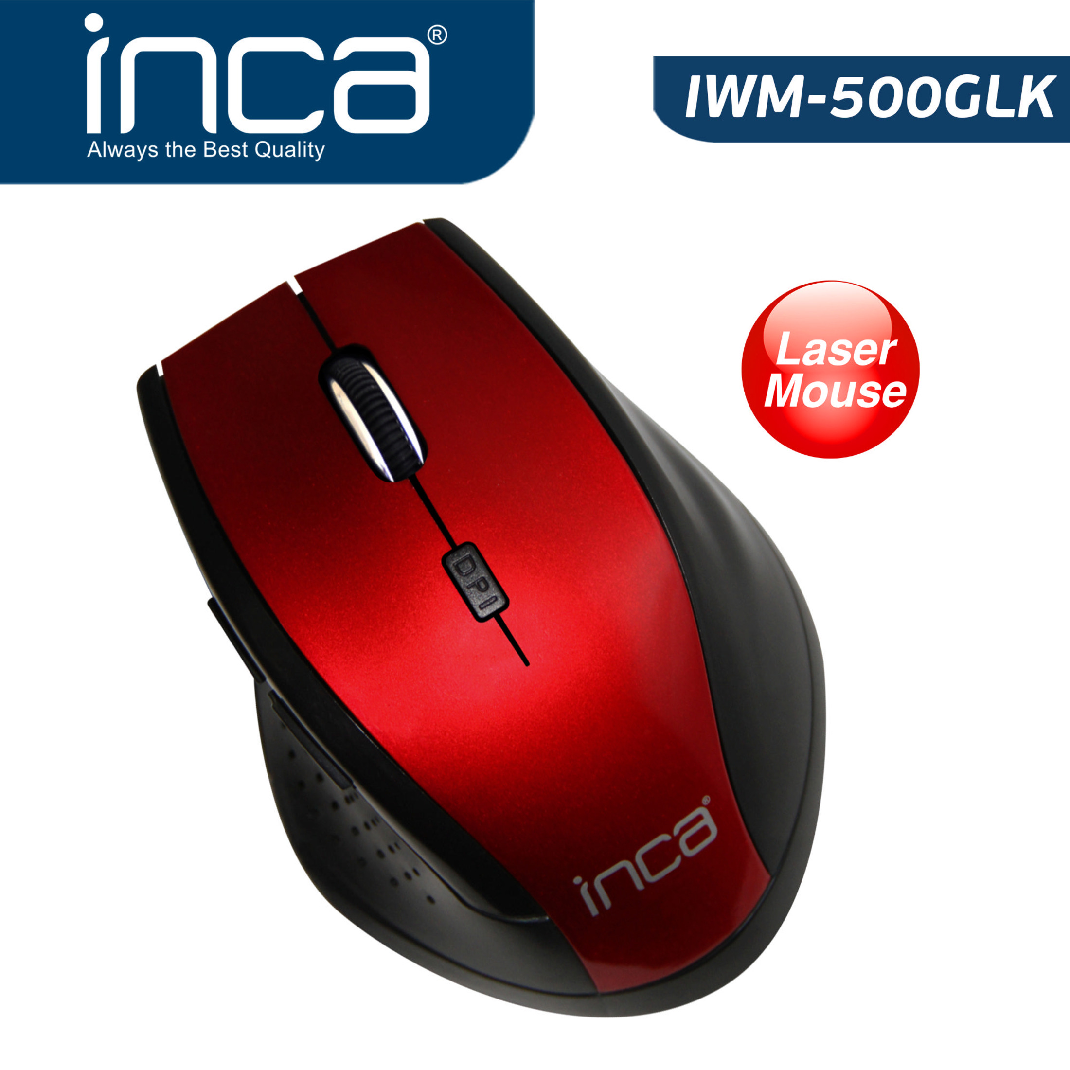 Eine rote und schwarze Lasermaus mit dem Inca-Logo und DPI-Taste.