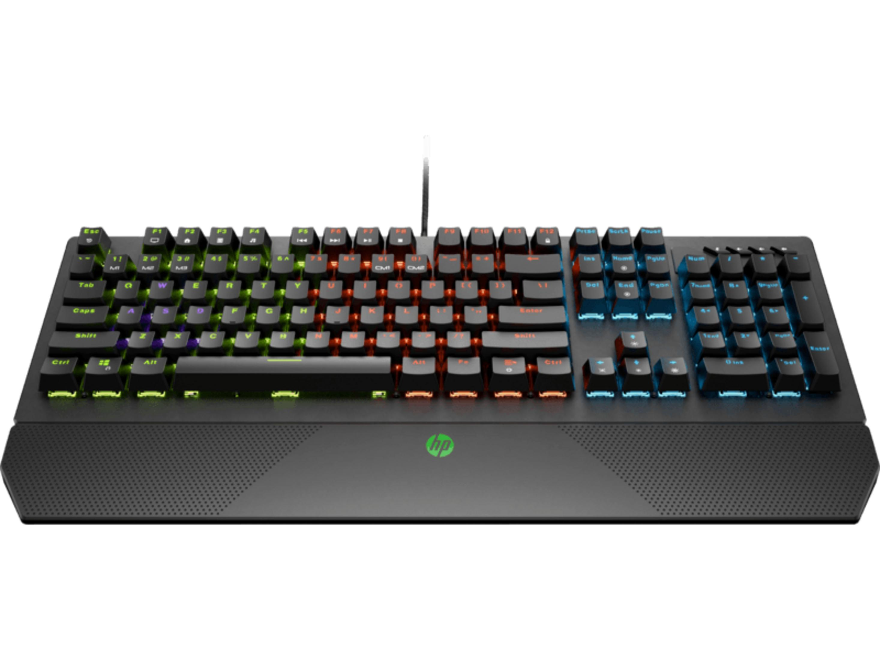 Un teclado gaming HP negro con retroiluminación RGB multicolor, verde a la izquierda, naranja en el medio y azul a la derecha.