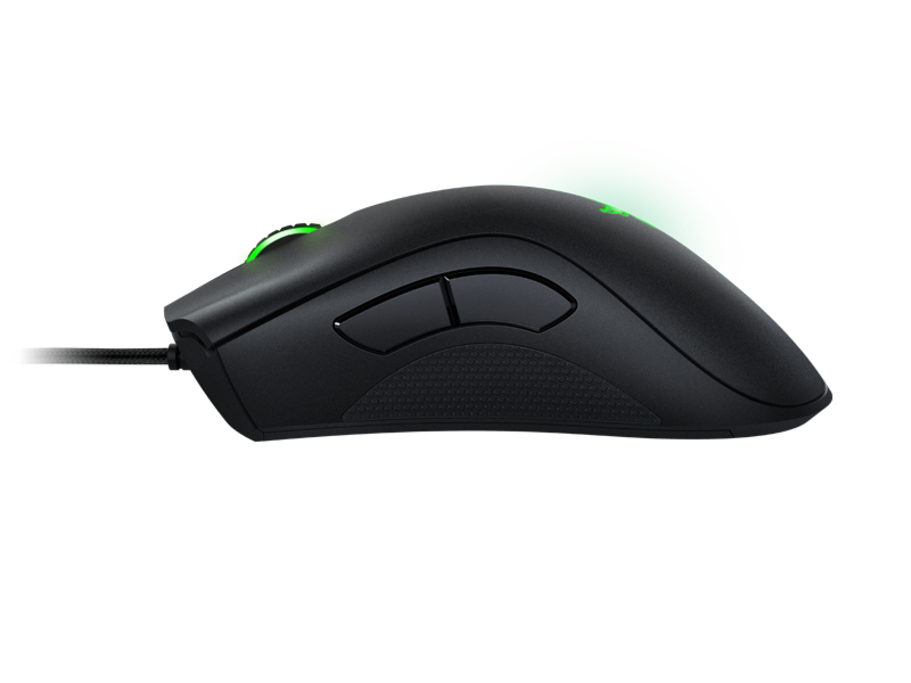 Schwarze Gaming-Maus mit grün leuchtendem Scrollrad und Logo, weißer Hintergrund.