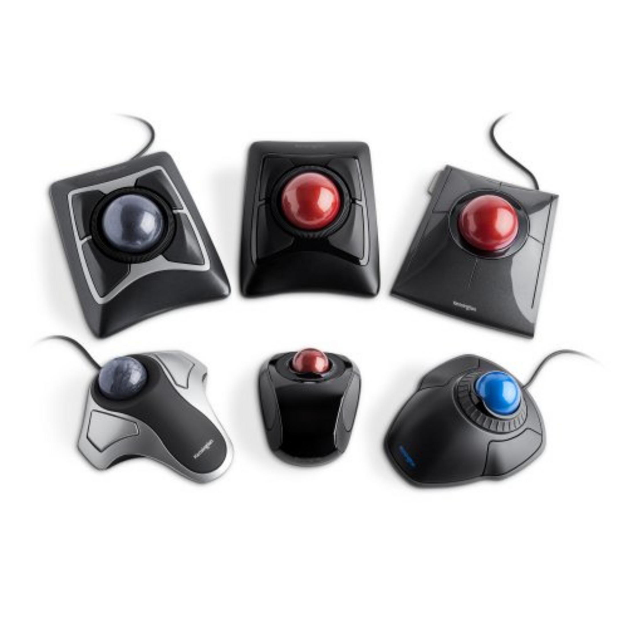 Six trackball mice in various designs and colors.
