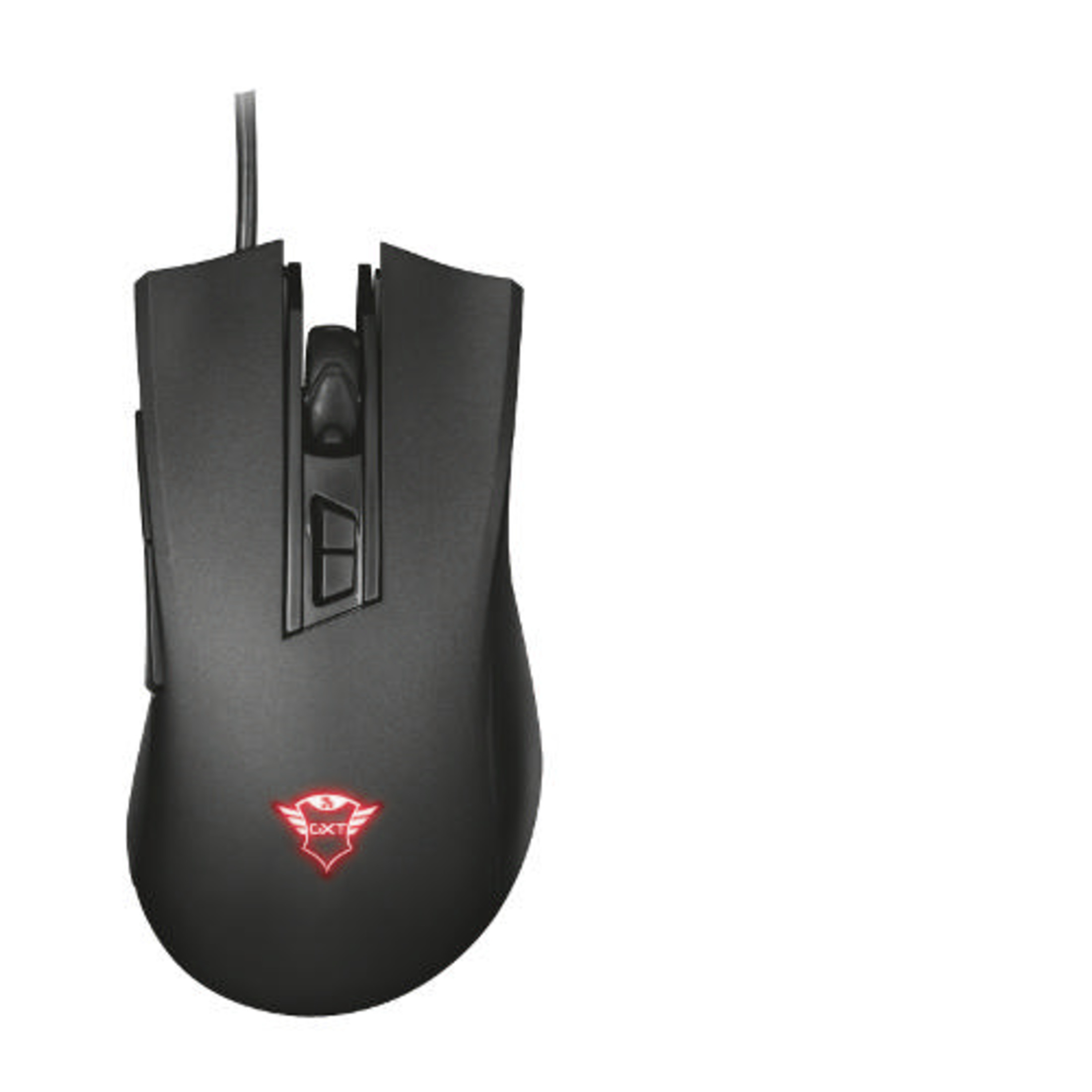 Mouse gaming nero con logo rosso e rotella.