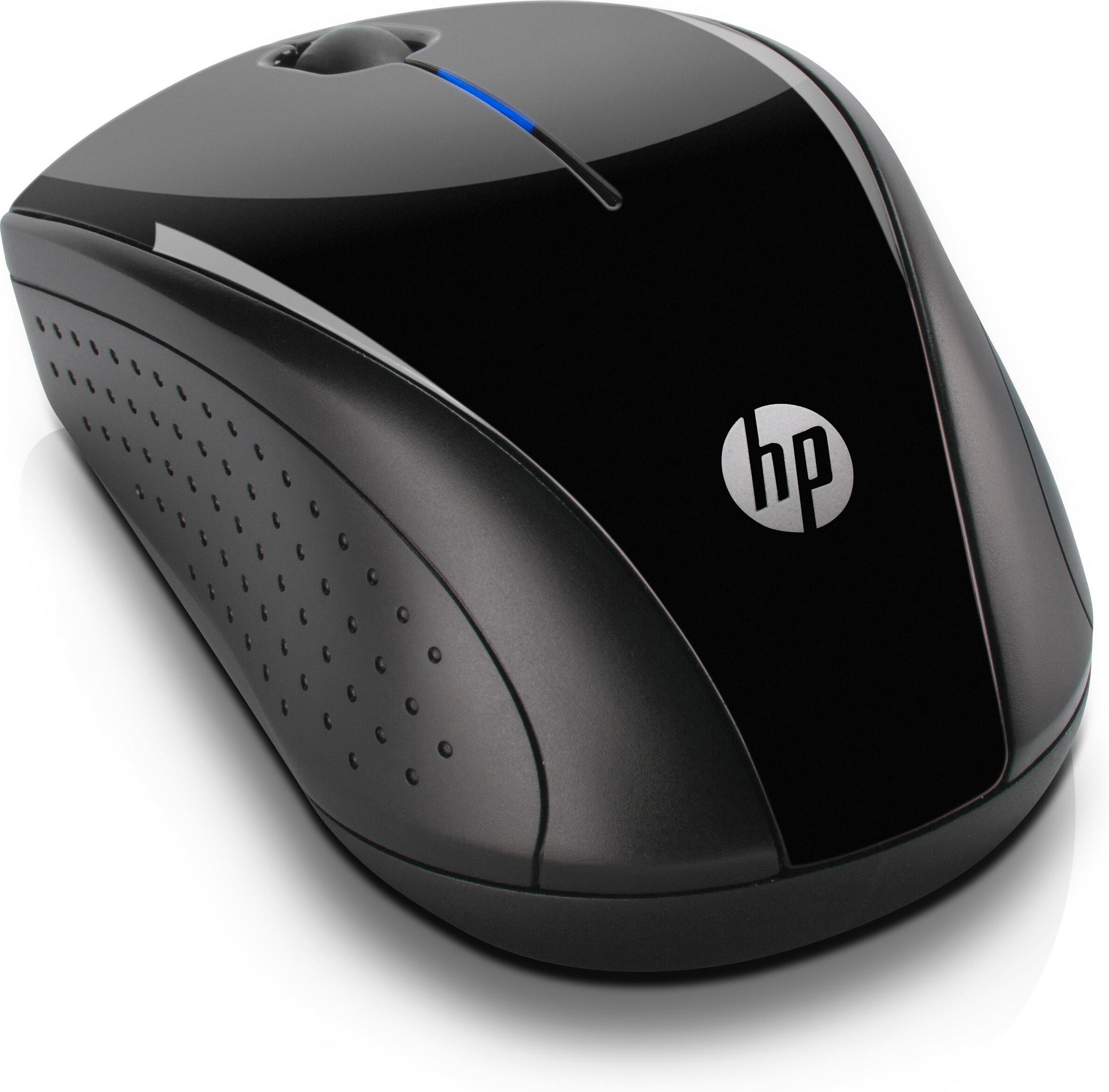 Mouse HP nero con striscia luminosa blu e impugnatura punteggiata.
