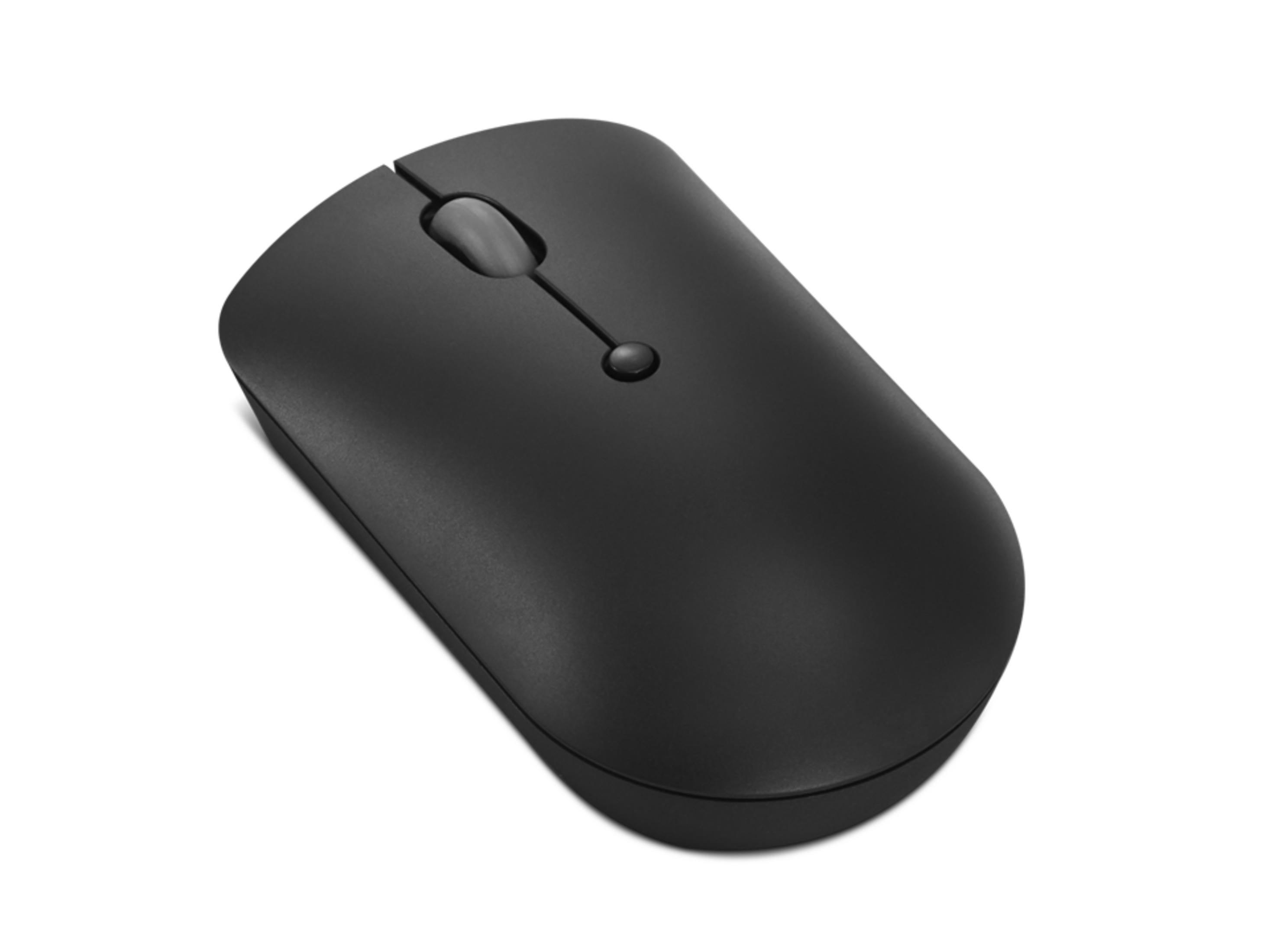 Un mouse per computer nero con rotellina di scorrimento e due pulsanti su sfondo bianco.