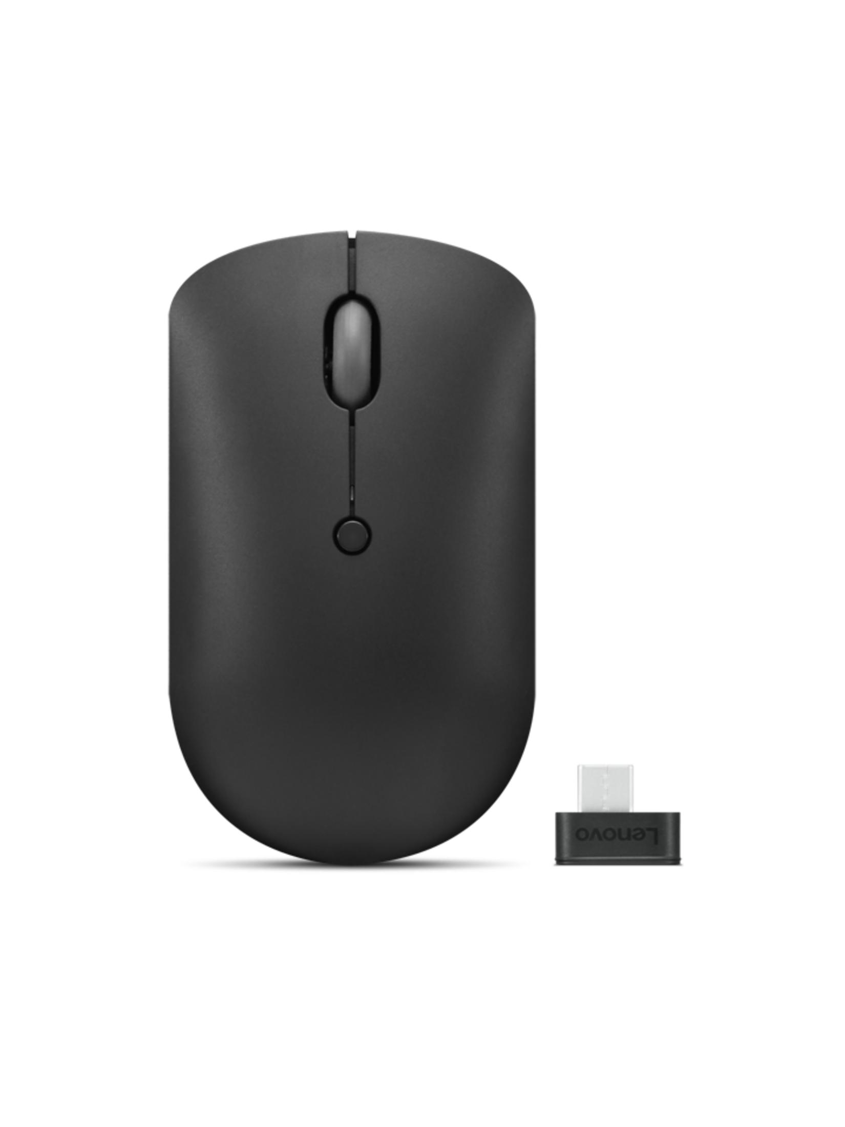 Mouse wireless nero con rotellina e ricevitore USB.
