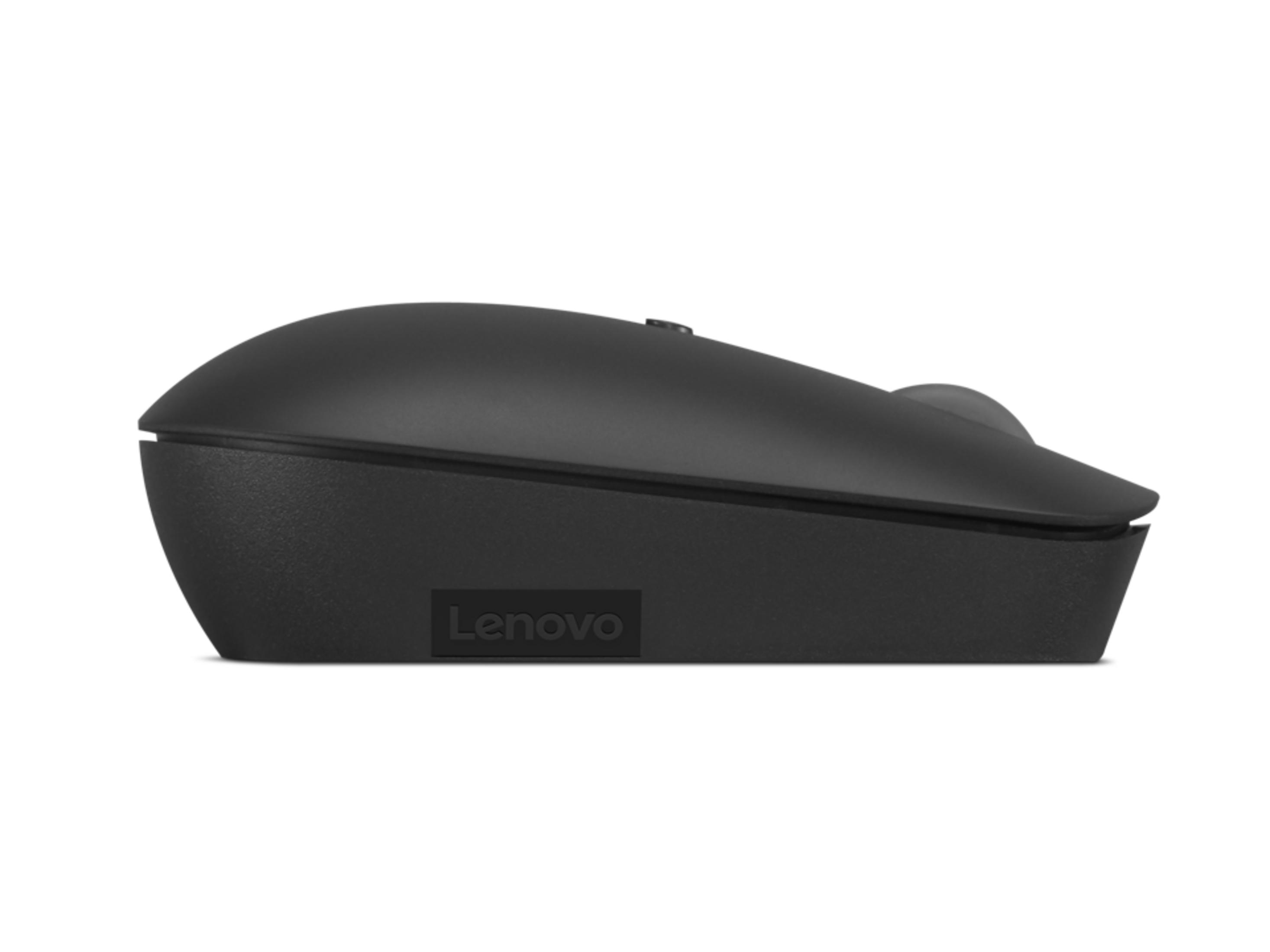 Mouse Lenovo nero visto di profilo su sfondo bianco.