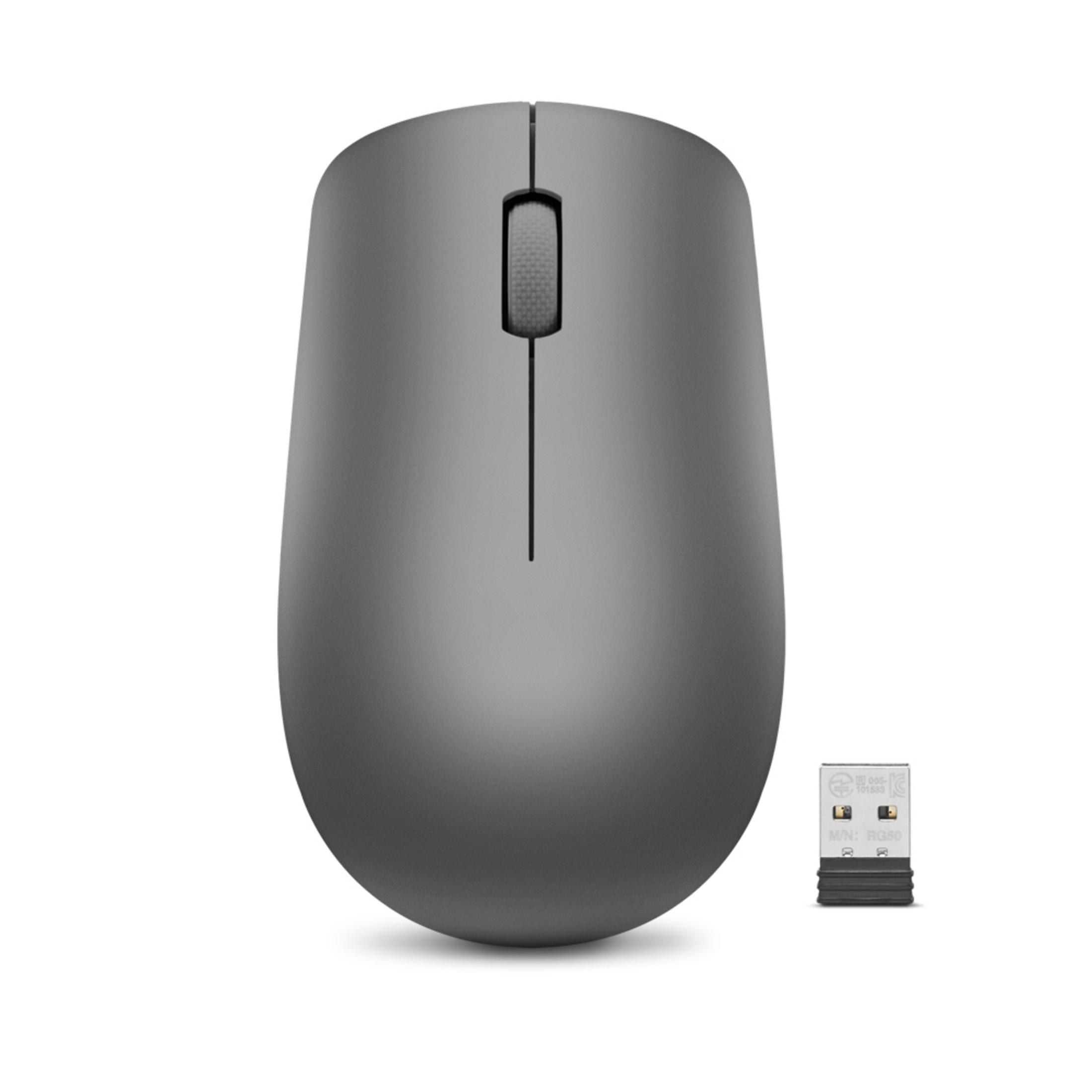 Gray computer mouse with scroll wheel and USB receiver.