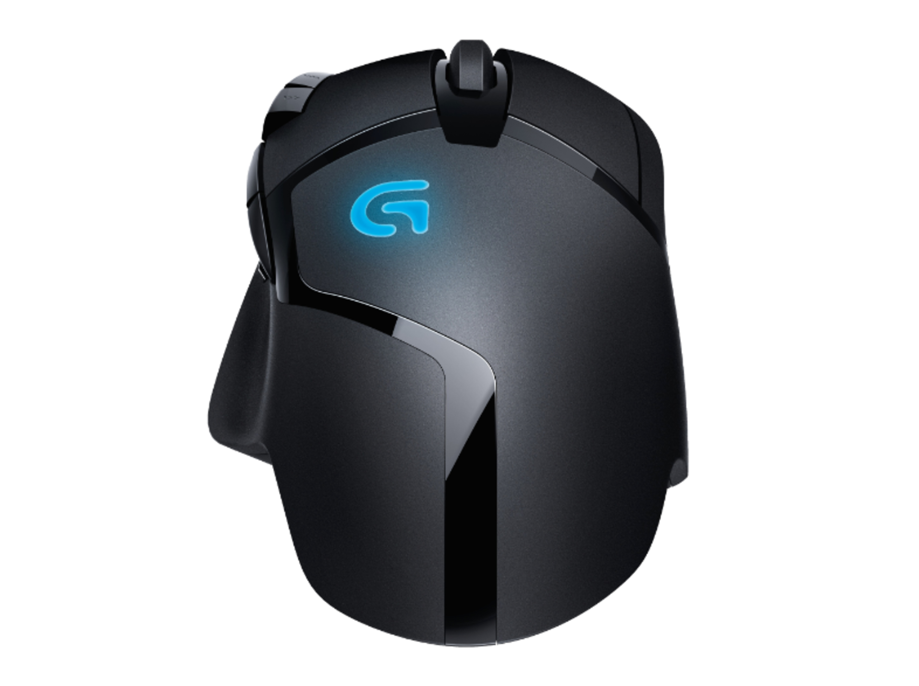 Ratón gaming negro con logo G azul brillante.