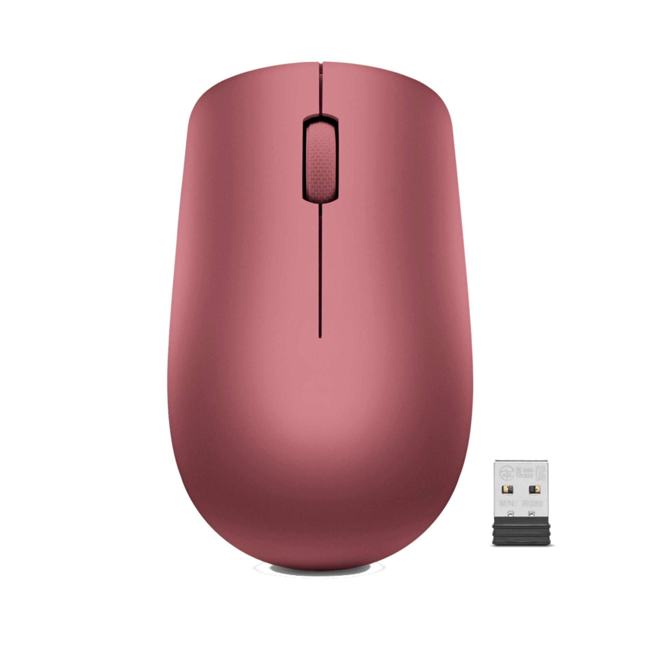 Różowa mysz i mały odbiornik USB na białym tle.