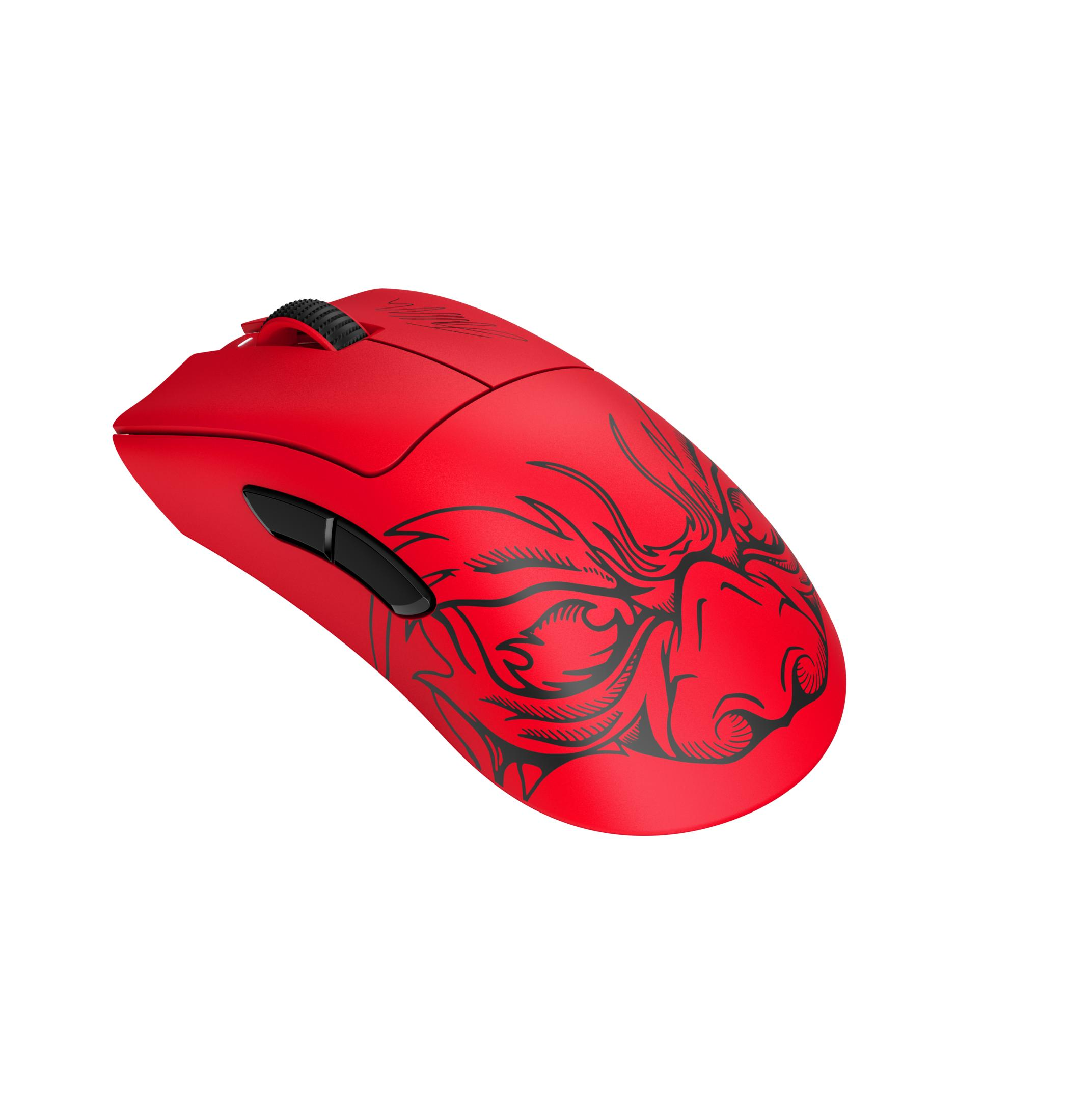 Czerwona mysz gamingowa z czarnym motywem smoka i gumowanym kółkiem.