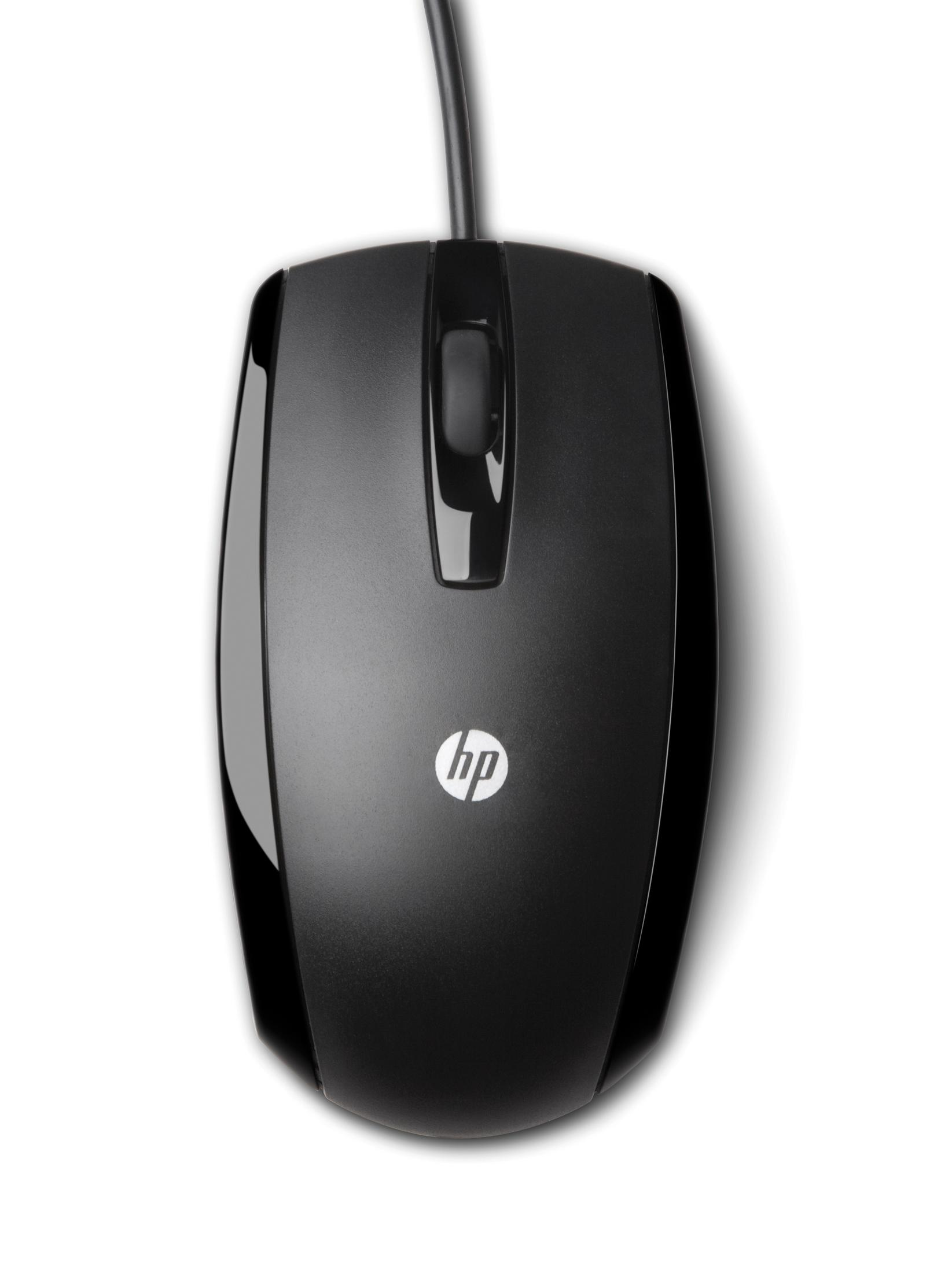 Mouse HP nero con rotellina e cavo su sfondo bianco.