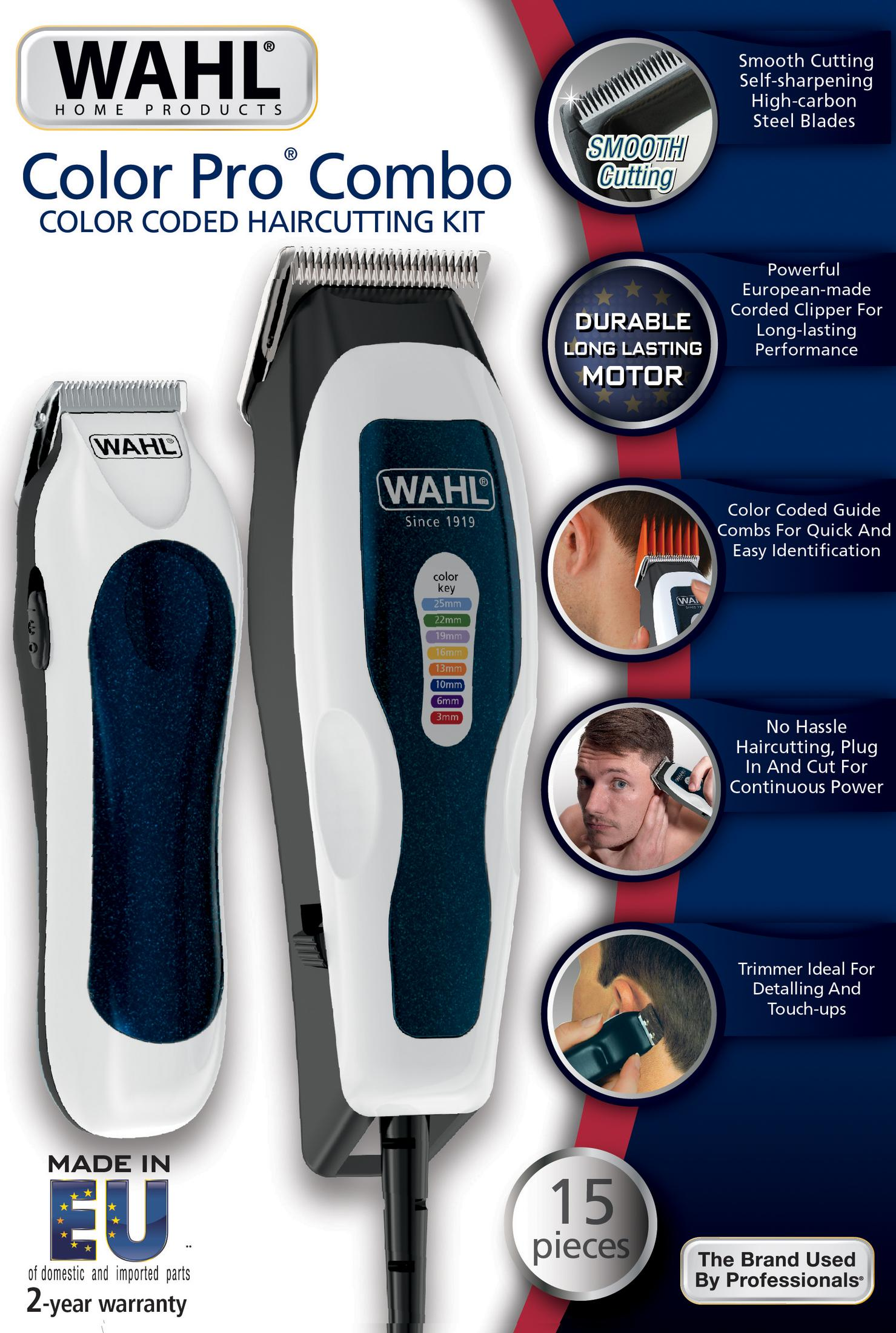 Cortapelos Wahl Color Pro Combo con accesorios y clave de colores.