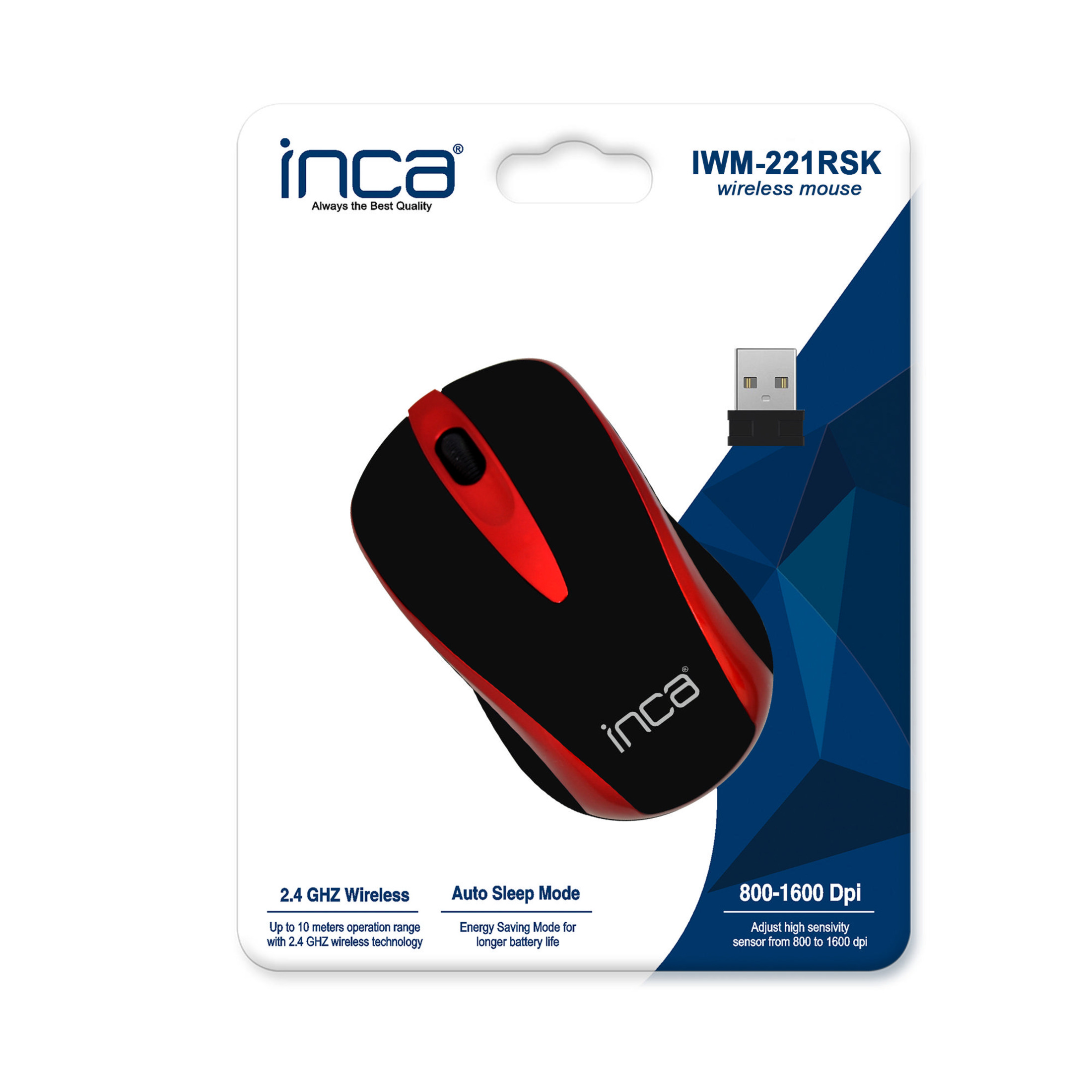 Schwarze und rote kabellose Maus mit USB-Dongle auf Verpackung.