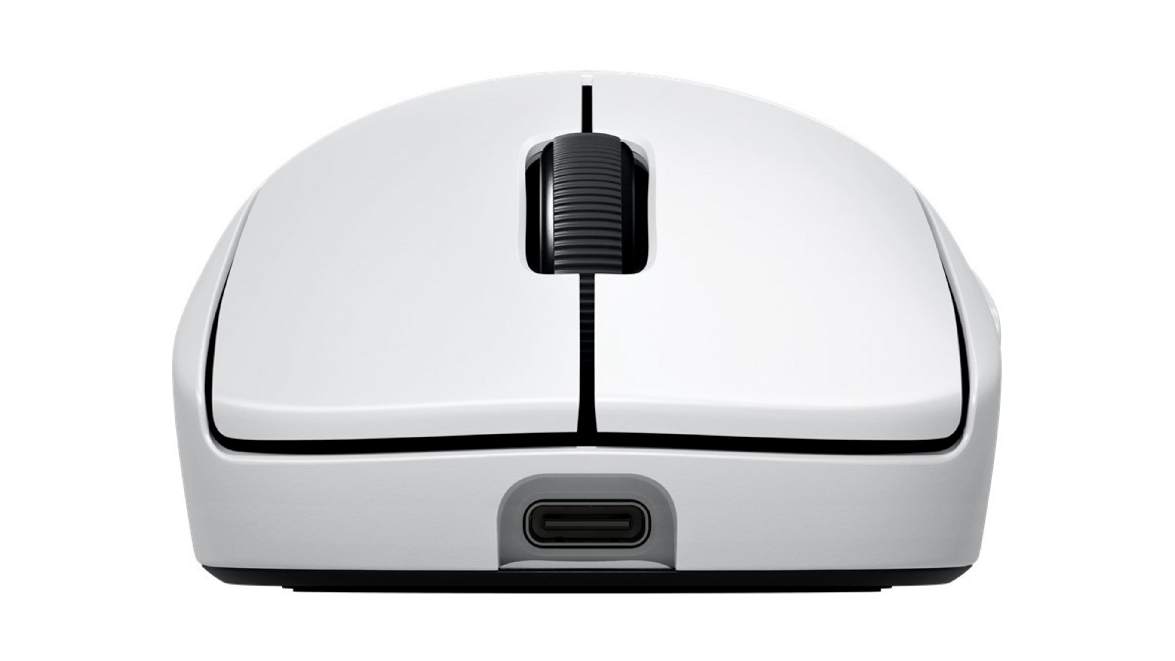 Biała mysz komputerowa z czarnym kółkiem i portem USB-C.