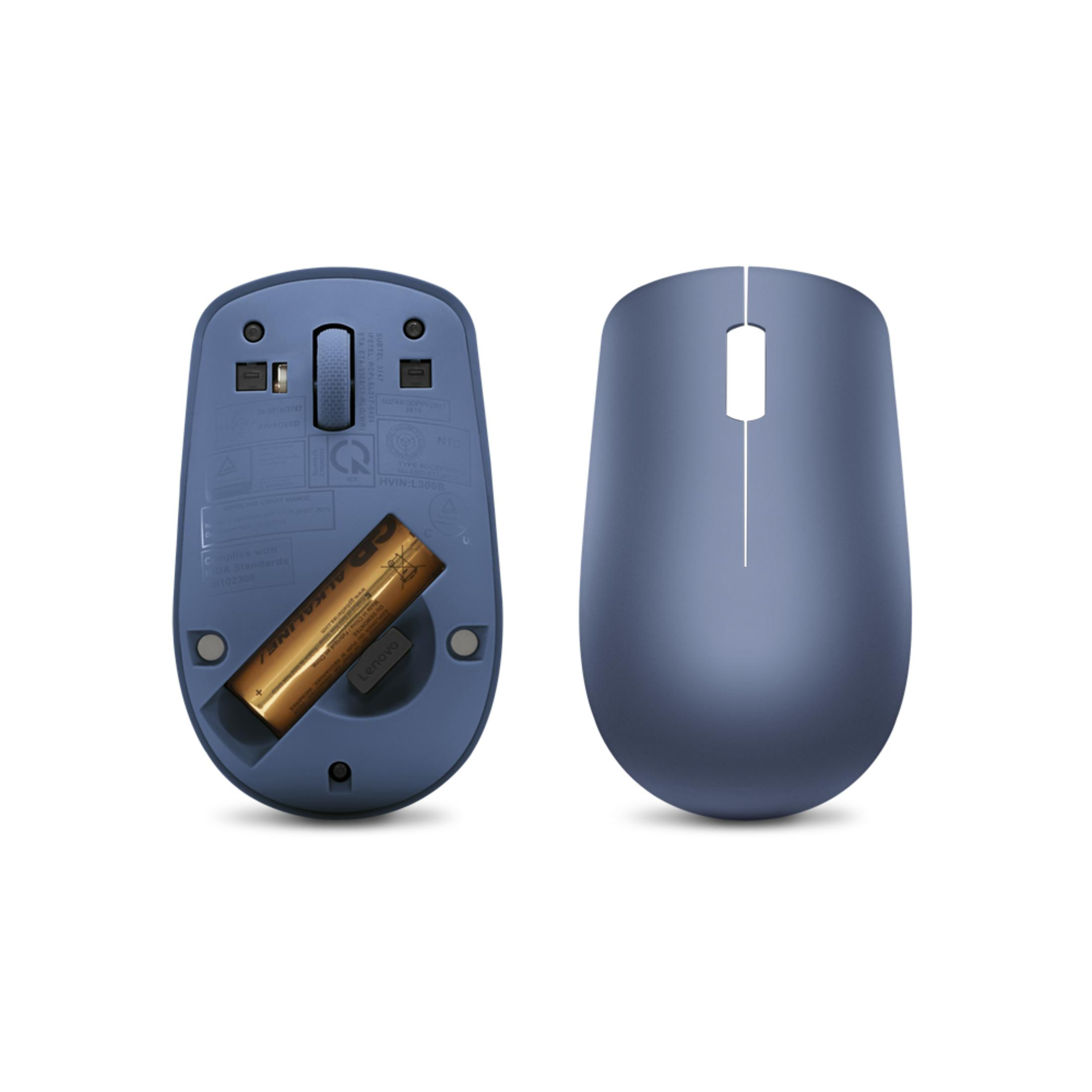 Een blauwe muis, voor- en achterkant. Achterkant toont batterijcompartiment.