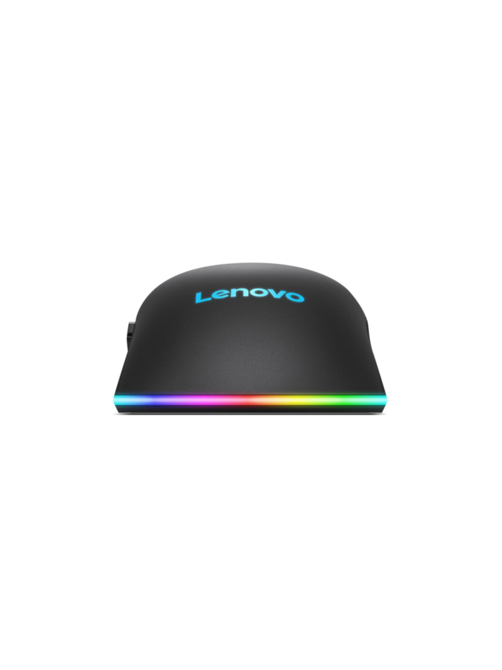 Czarna mysz Lenovo z podświetleniem RGB i niebieskim logo.